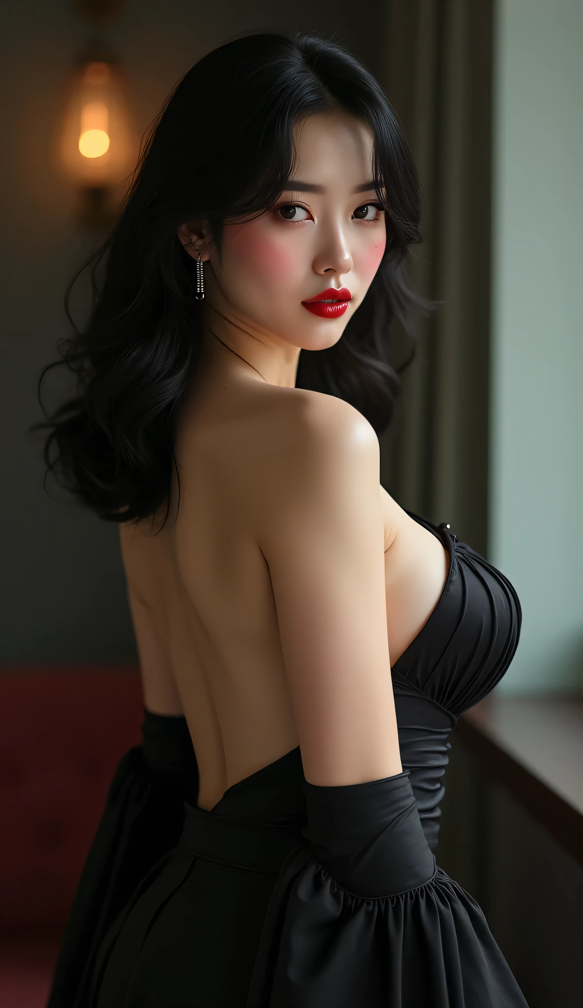 A powerful woman stands tall, her long black hair flowing behind her as she gazes at the viewer with a sultry smile. Her skin-tight bodysuit hugs her curves, accentuating her ample breasts and shapely figure. She wears black elbow gloves and shiny earrings, adding a touch of sophistication to her yellow dress. A red cape drapes over her shoulders, completing her fierce and alluring look