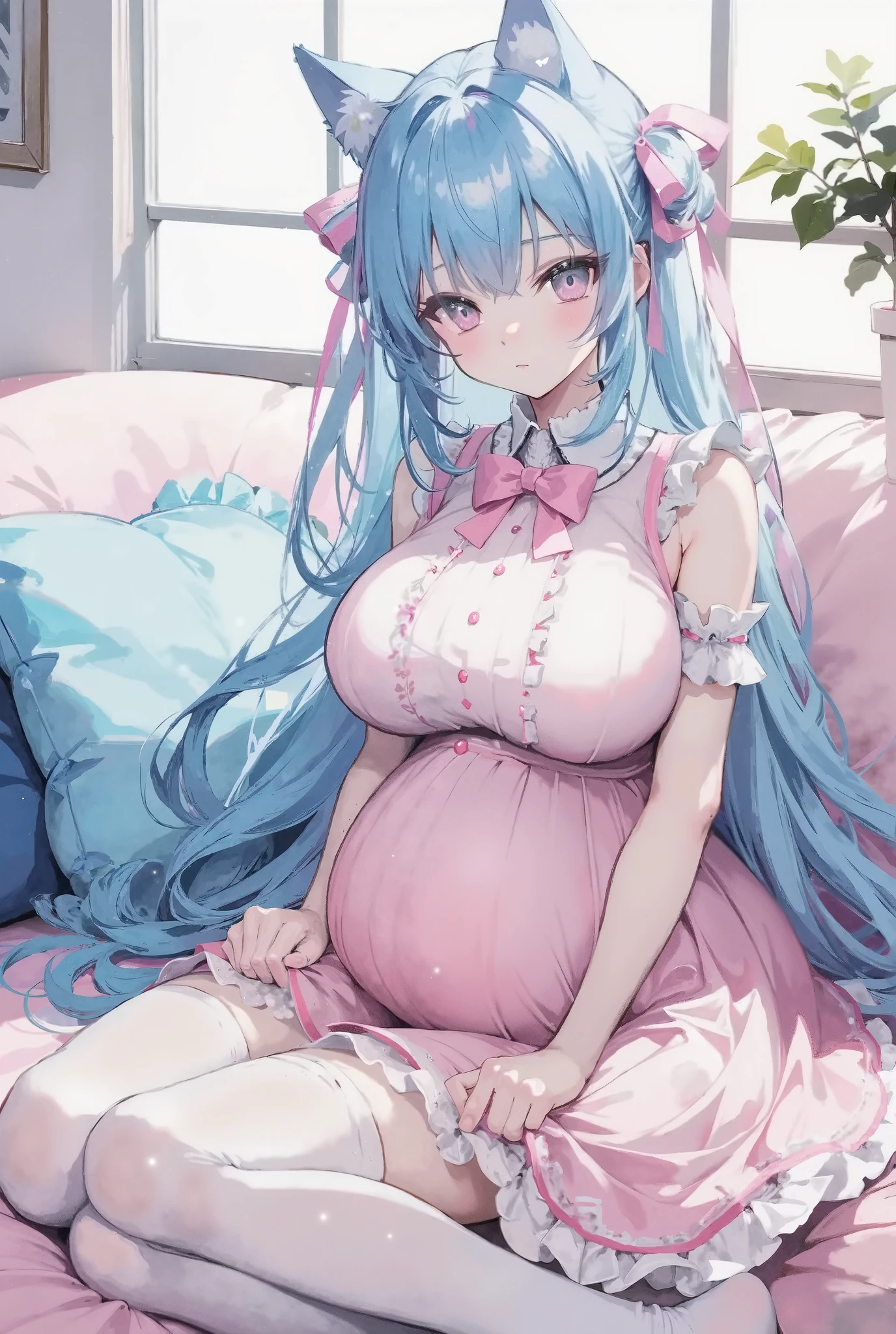 light blue hair,Cat ears,Pink Eyes,Light blue lolita,White socks,Pink bow,In the room,Sitting on the sofa,(Pregnant,Huge breasts:1.8)