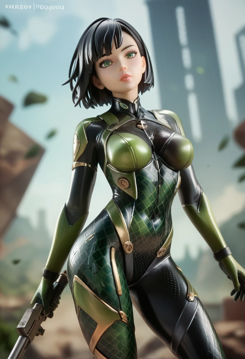 Bo Wei Style, score_9, score_8_up, score_7_up, very detailed, highly detailed texture, smooth, smooth colour, block colour, flat color, LadyB, 1girl, full body, slim body, slim thighs, bodysuit, detail eyes, solo, looking at viewer, fit ninja mask, large breasts, simple background, brown hair, green eyes, weapon, bodysuit, holding two hand, ninja background, sheath, skin tight, LadyB bodysuit, leather boot, ladybninja close-up, 8k detailed,