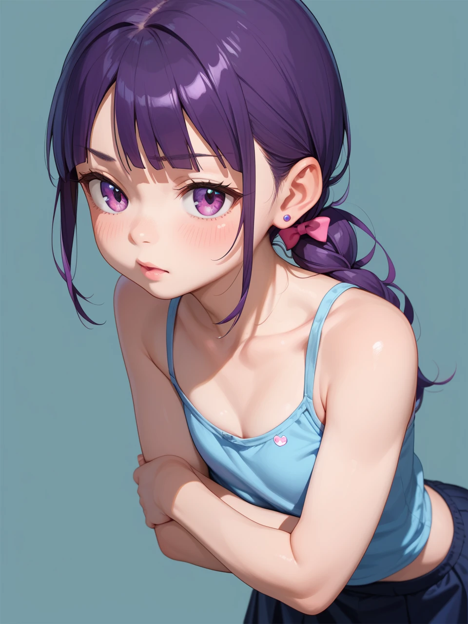 Masterpiece、top-quality、girl1、ultra-detailliert、Mikazuki Shizuka Purple hair、short-hair、hair clips Purple Eyes red blush、kiss face Sportsbra、shortpants Chest flickering Bend forward、put weight on knees、Put your hands on your knees、Faces close、Facial Close-up