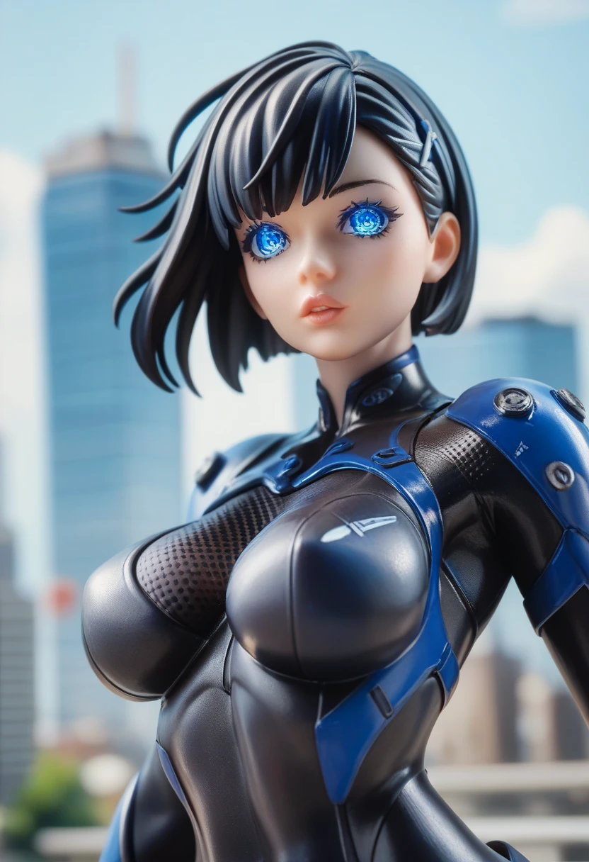 highest quality、Realistic、male、zoom、Cobalt blue eyes、maroon short hair、Hero Suit、Glossy white bodysuit、Blue accents、slender、Dark Skin、Rooftop、An inappropriate smile、Bust Shot、
