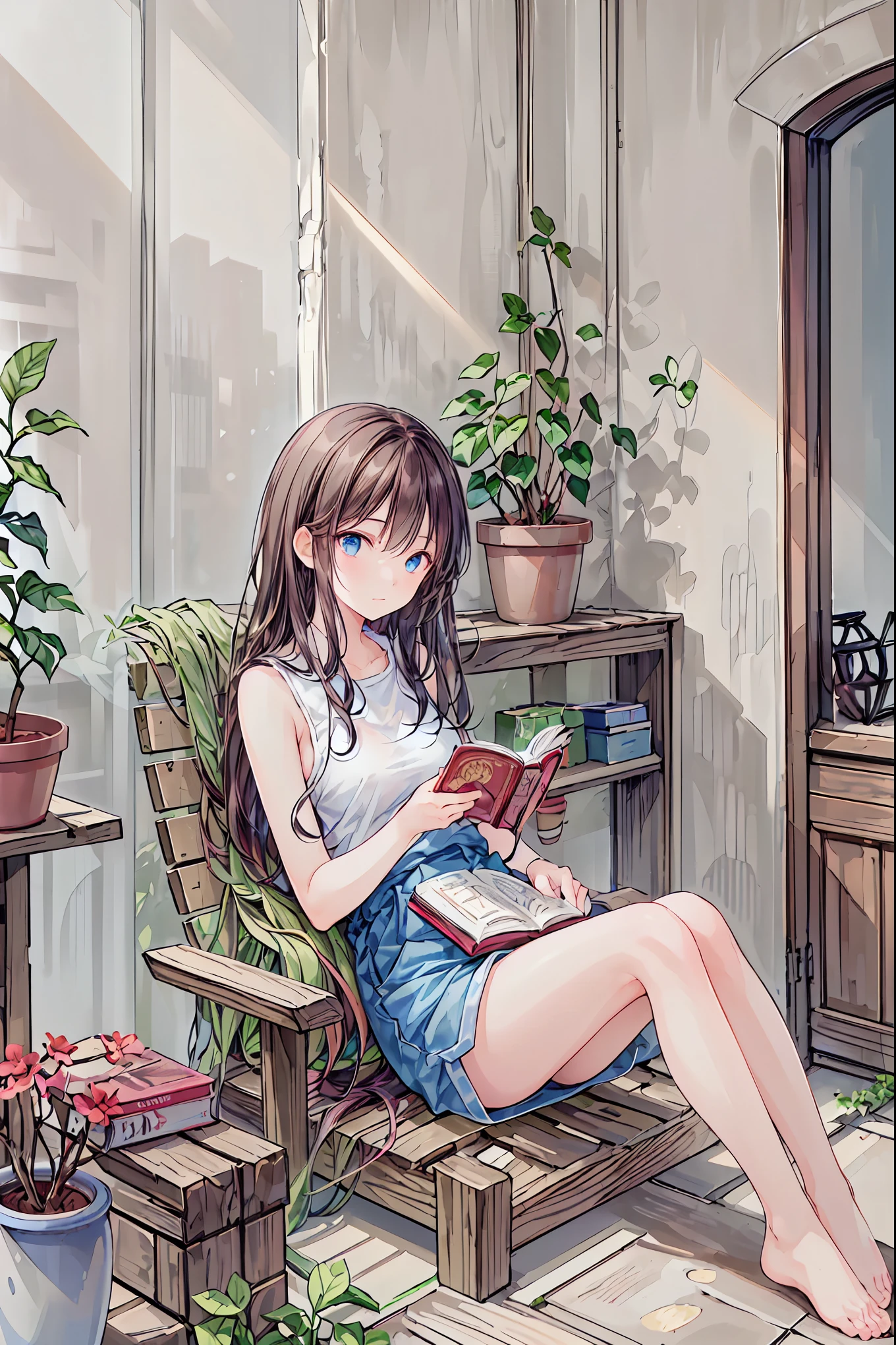 (Masterpiece, best quality :1.5), (High resolution 8k), Detailed eyes and face, detailed body, break ( 1 girl, long hair, black hair, straight hair , Short Bangs Over Eyebrows , blue eyes, small breasts, break profile, super high leg cut micro denim shorts with , break Young girl with a peaceful expression, Sitting by the Window , reading a book break Cozy interior, soft natural sunlight streaming through the window break a Cat curled up nearby, Potted Plants by the Window , 1 Beautiful Cat , break Warm color palette, Photorealistic Style, Allows depth of field, 8k resolution
