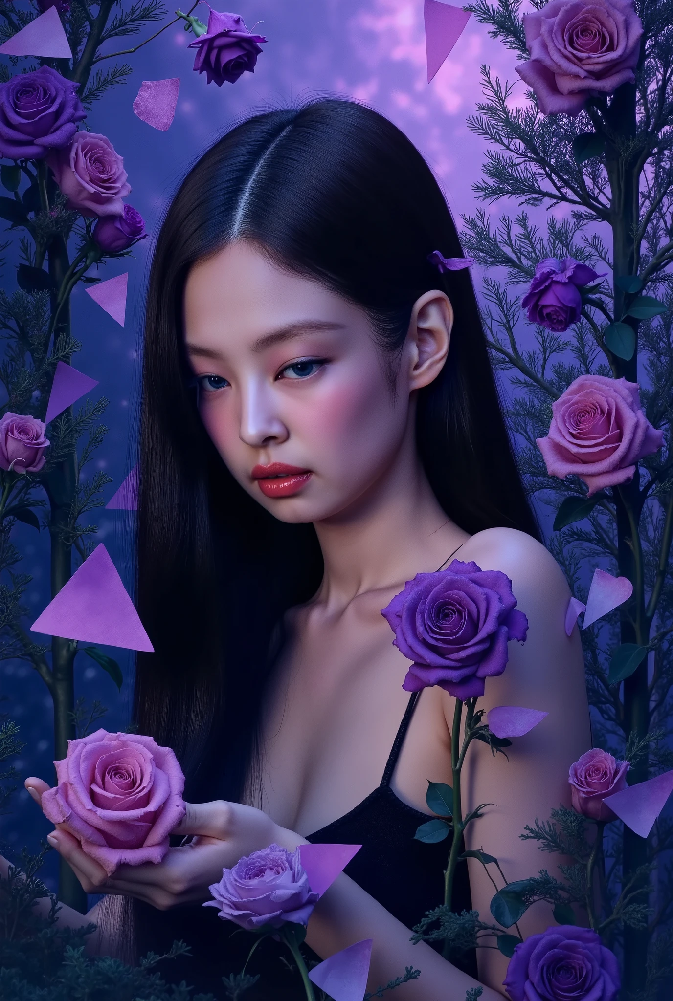 A work that has purple triangles, black lines and blue rectangles. The work would be inspired by a song of heartbreak, where sadness and roses are mentioned , jennie kim