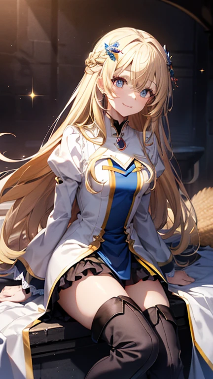 Best Quality,High resolution, Ultra-detailed,Game CG,Dutch Angle,Beautiful detailed eyes,Five Fingers,a beauty girl,A slender,priestess, Blonde hair, Blue eyes, Long hair, hair between eye,long boots, Dress, frilly sleeves, frilld, hat, White cap, pelvis curtain,high-heels, robe, Thigh boots, white thighhig, Long sleeves, Puffy sleeves,chies,outside of house,(Squatting),(Cuddle the cat:1.2),(Watch cats),(Smile:1.1)