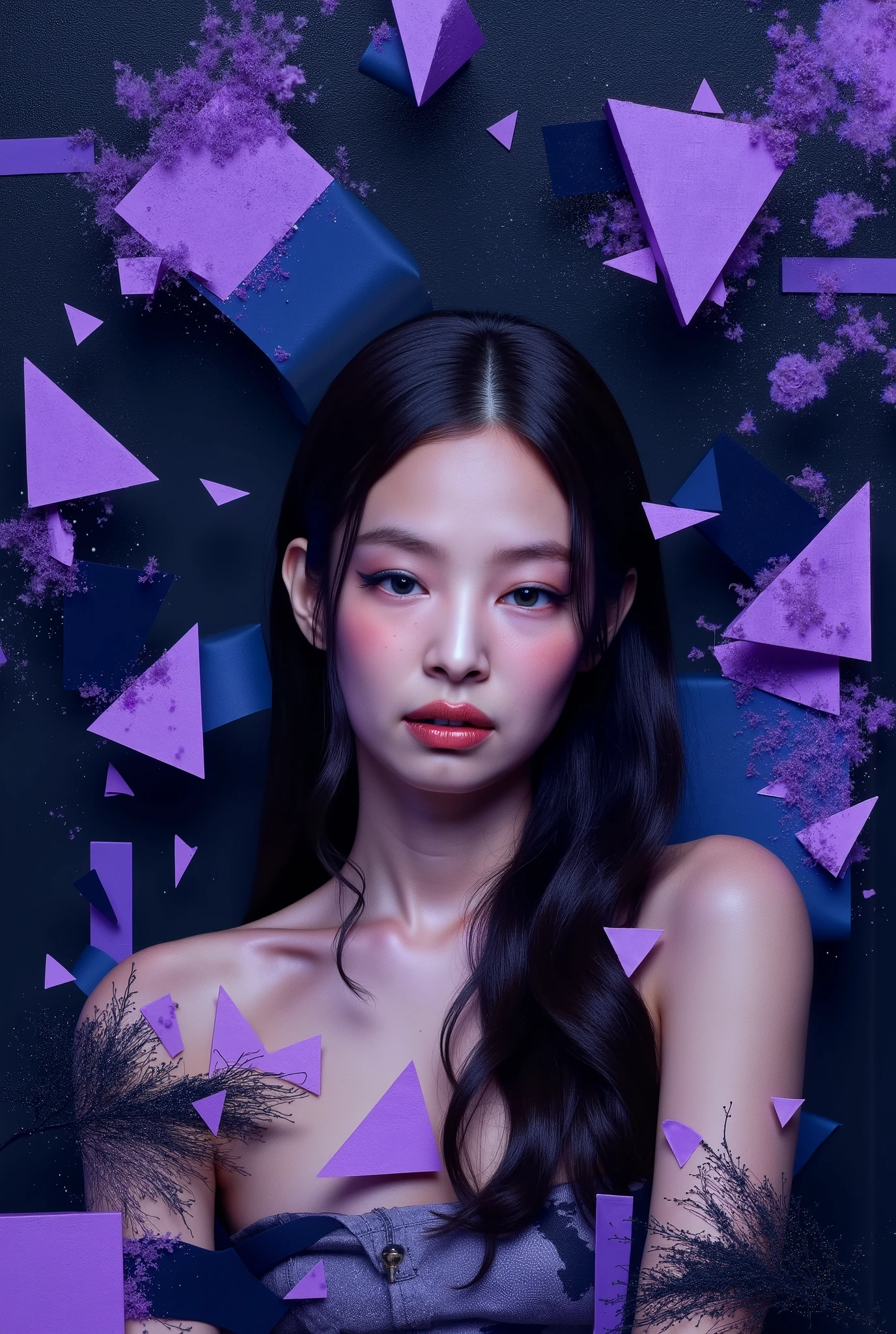 A work that has purple triangles, black lines and blue rectangles. The work would be inspired by a song of heartbreak, where sadness and roses are mentioned , jennie kim
