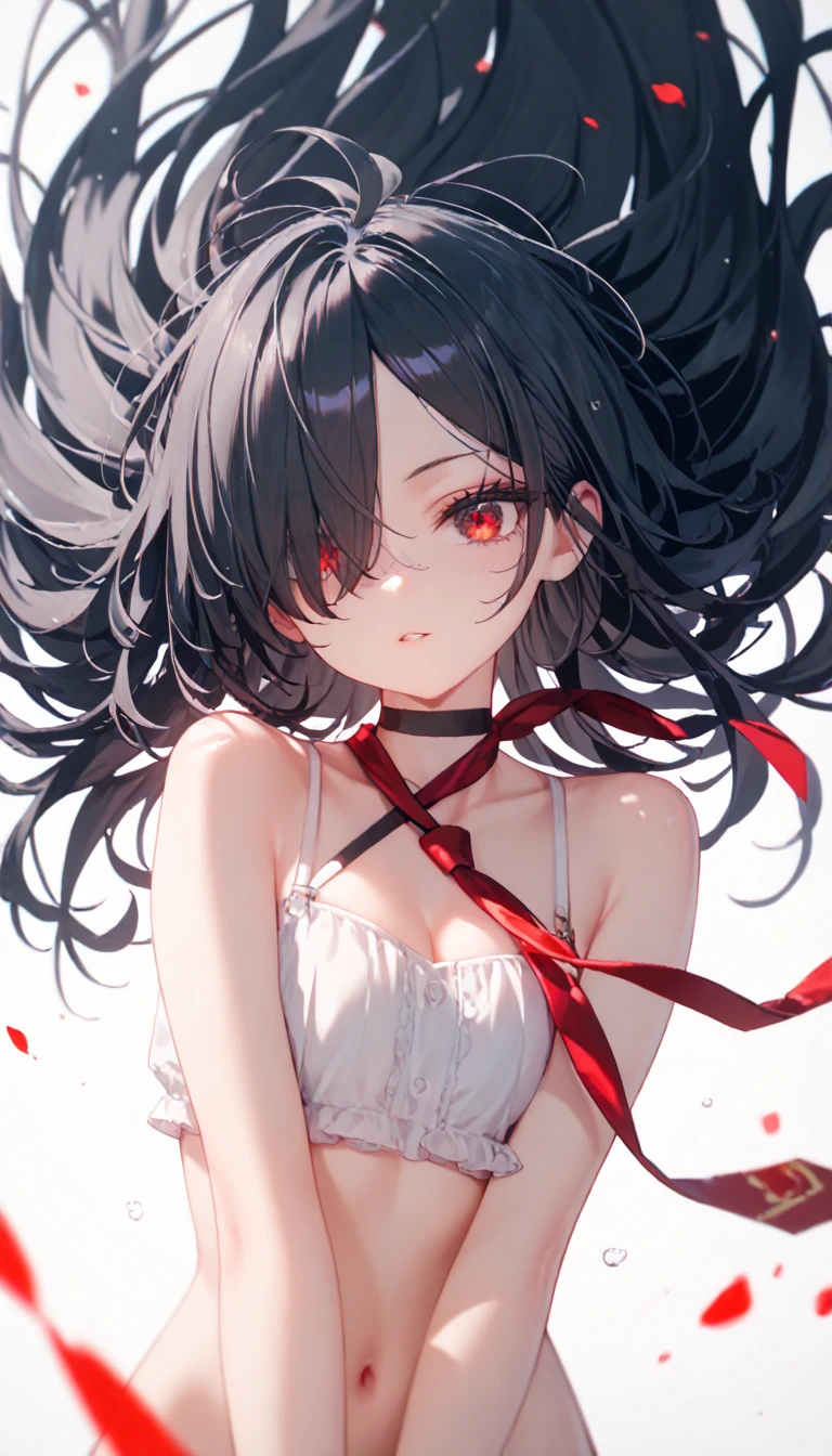 Black hair, red eyes, white dress with black,,