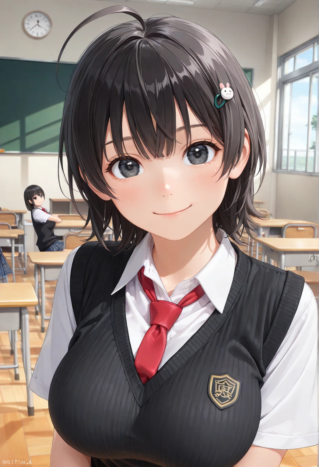 ((realistic)),((masterpiece,Highest quality:1.3,best quality illustration)),cowboy shot,独奏,1woman,18 year old beauty、black hair,short bob hair,bangs,black eyes,(gorgeous big eyes),((very small head:1.3)),smile,((very long body,:1.2,skinny)),((tan skin:1.4)),small breasts,(Collared short-sleeved shirt、redbow,Navy blue pleated mini skirt),gleaming skin,oily skin,slender body,sweat,machine、classroom、School、Tokyo、