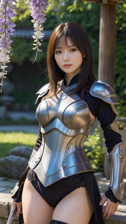 Highest resolution, 4K, Masterpiece: 1.3), A Japanese milf, photo of one lady, Sexy, fine eyes, Slender figure, Realistic teeth, double eyelids, full body, best quality, detailed, equipped with armor, at the fantasy world, background is parallel world