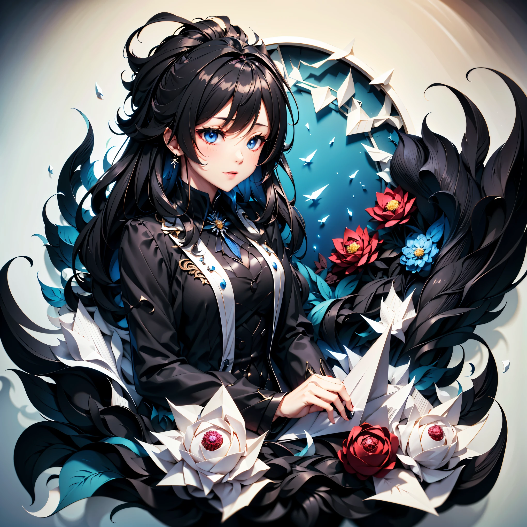 8k,  best quality ,  highest resolution,   anatomically correct , paper art、Origami、 announcer male 、 black suit 、 all back hairstyle 、Journalism 、40 years old、 bright colored background