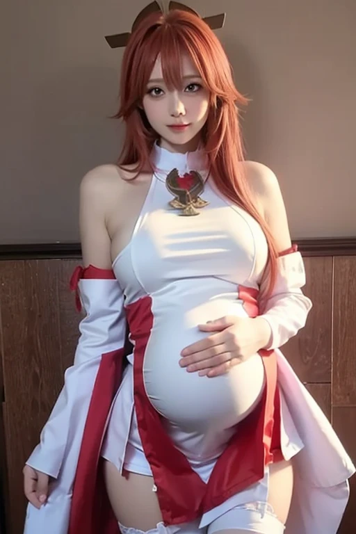 (Masterpiece, Excellent, 1girl pregnant, solo, complex details, color difference), realism, ((medium breath)), off-the-shoulders, big breasts, big belly, sexy, Yae Miko, long pink hair, red headdress, red highlight, hair above one eye, green eyes, earrings, sharp eyes, perfectly symmetrical figure, choker, neon shirt, open jacket, turtleneck sweater, against the wall, brick wall, graffiti, dim lighting, alley, looking at the audience, ((mean, seductive, charming)), ((cherry blossom background ))),((Japanese temple background)))), (((Glow-in-the-dark background)))