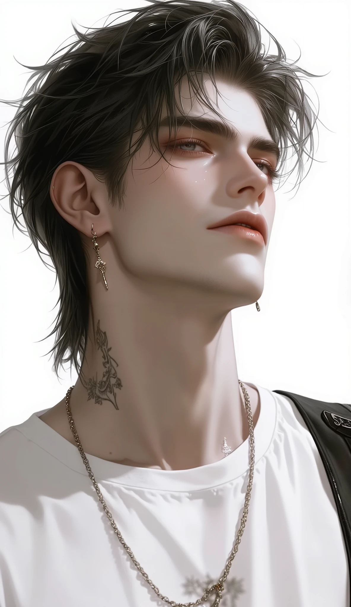 scoR e_9,scoR e_8_up,scoR e_7_up,Solo,looking at vieweR ,R , weaR ing a white t-shiR t, not weaR ing any accessoR ies,mohawk cuR ly haiR style ,shiR t,daR k haiR , 1boy ,, ,t-shiR t, fokus pria ,eaR R ing,poR tR ait,R estR ained,terikat ,bdsm,object inseR tion, mesin seks ,dalam (fade cut cuR ly haiR ) bayangan , nsfw ,uncensoR ed, nsfw ,simple white backgR ound, daR k R eds eyes,senyum , head slightly tilted upwaR ds tanned skin brown skins, brown hair, (body pose facing to the right side) hair exposed to sunlight, face exposed to sunlight