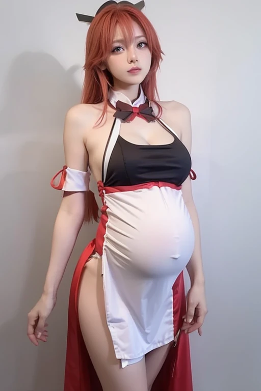 Beautiful pregnant female maid, mature, bunny ears, wants to have sex with me, cleavage, maid dress, red hair