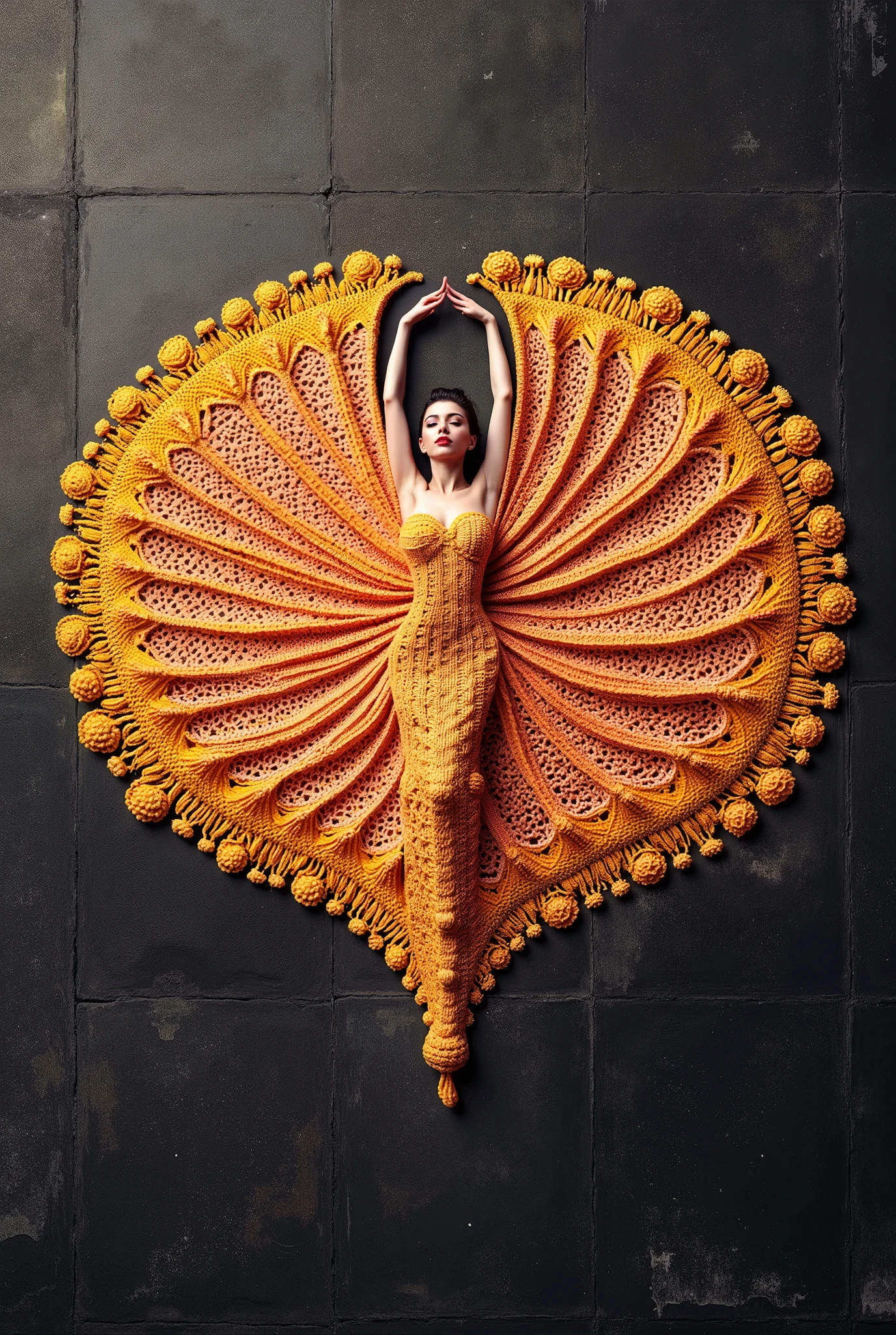 A full background, minimal collage artwork featuring a wide and long piece of yellow color blanket made of knitted yarn with a detailed knitted texture in unieqe pattern covering and envelop a part of the body of a beautiful russian ballerina women, red lips, knitted yarn with a detailed knitted texture dress, The ends of knitted yarn with a detailed knitted texture cloth fly up and stick to the wall expands upwards forming a beautiful luxurious and majestic blanket shape (symmetrical shape) stuck to the wall in unieqe pattern, black wall, Unique poses with flexible bodies, strange poses, unique and beautifu pose against the middle of wall, low light, beautiful and unique masterpiece. very detailed, high resolution, in terms of beautiful appearance, beautiful art, like a beautiful logo,Elegance,SurrealArtStyle,Elegance,Composition,Florinda
