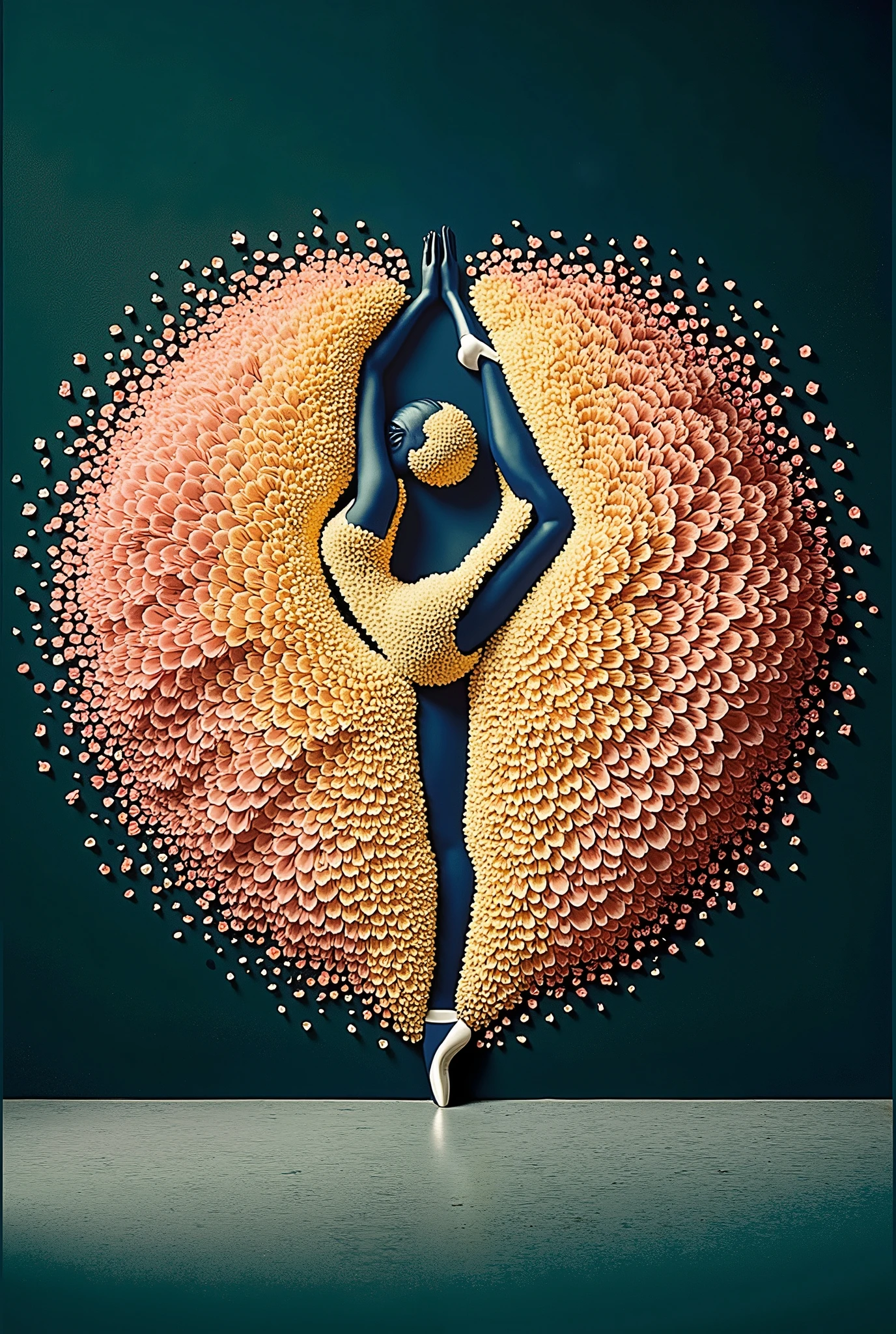 A full background, minimal collage artwork featuring a wide and long piece of yellow orange color blanket made of small flower petals covering and envelop a part of the body of a beautiful russian ballerina women , small petals dress, The ends of the flower petal cloth fly up and stick to the wall expands upwards forming a beautiful luxurious and majestic blanket shape(symmetrical shape) stuck to the wall , dark teal wall, Unique poses with flexible bodies, strange poses, unique and beautifu pose against the middle of wall, low light, beautiful and unique masterpiece. very detailed, high resolution, in terms of beautiful appearance, beautiful art, like a beautiful logo,Elegance,SurrealArtStyle,Elegance,Composition