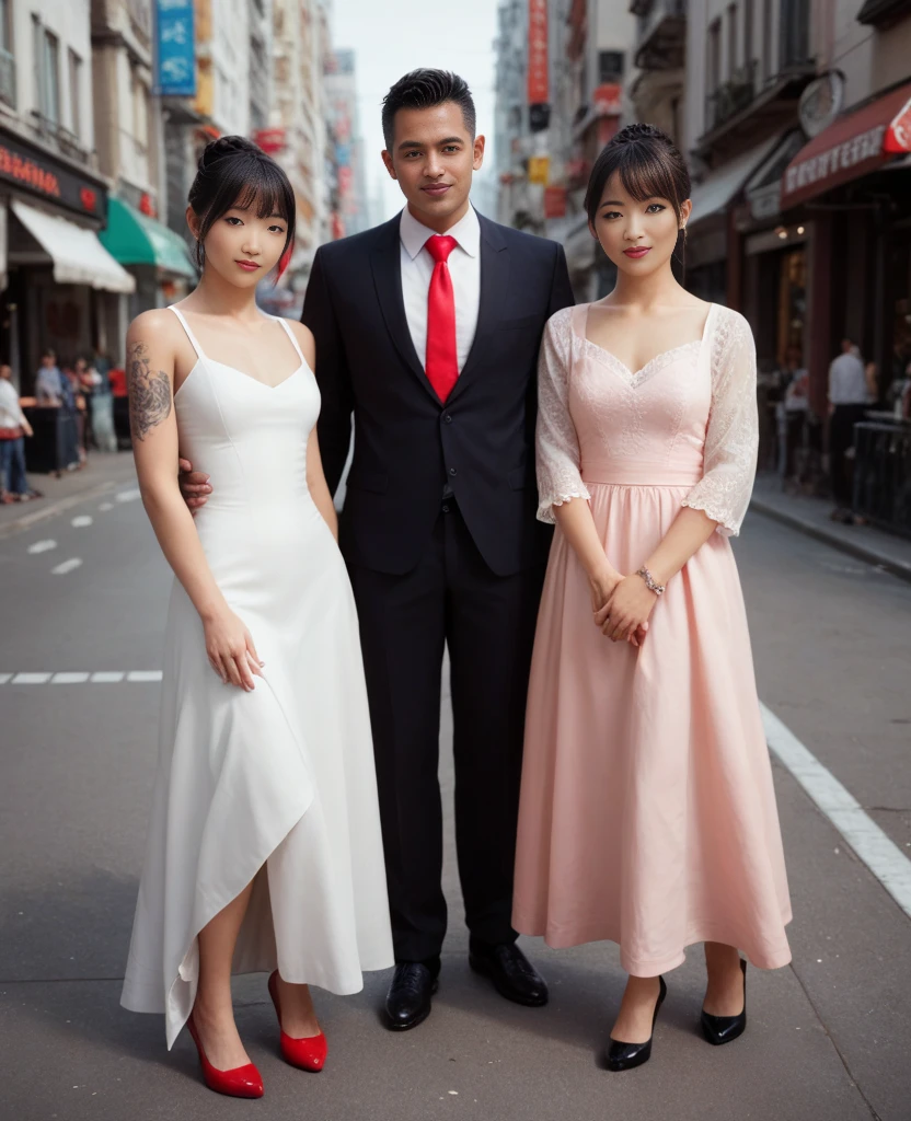 A thin, 39-year-old thin middle-aged man with delicate Chinese hair, black hair, wearing a pink short-sleeved T-shirt and gray trousers, walks hand in hand with a beautiful young Chinese woman in her 20s wearing a beautifully patterned pink floral dress, the man on the right and the woman on the left. The couple exudes elegance, happiness and confidence, and their elegant posture attracts passers-by to take photos. The street background has been deliberately blurred to focus on the couple, from the intricate patterns on the young woman's dress to the expressions on the man's face, revealing an obvious intimacy between them, and the photos are full of modern urban street atmosphere