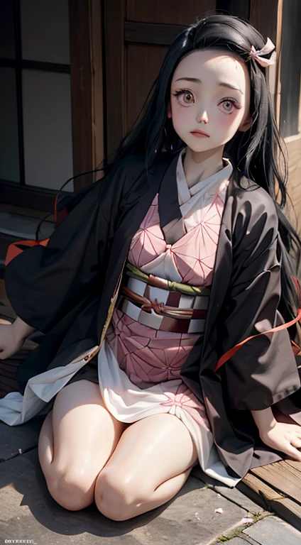 (*K) HD, highest quality, WorKs of masters, High resolution, spread legs、show white panties,1 girl, nezuKo Kamada, ((nezuKo of demon slayer)) super beautiful face, Super beautiful eyes, Super beautiful hair,trendy outfit,magazine cover,sexy and attractive,explosion of colors,BlacK color hair,Big hairpin,full body esbian,squatted