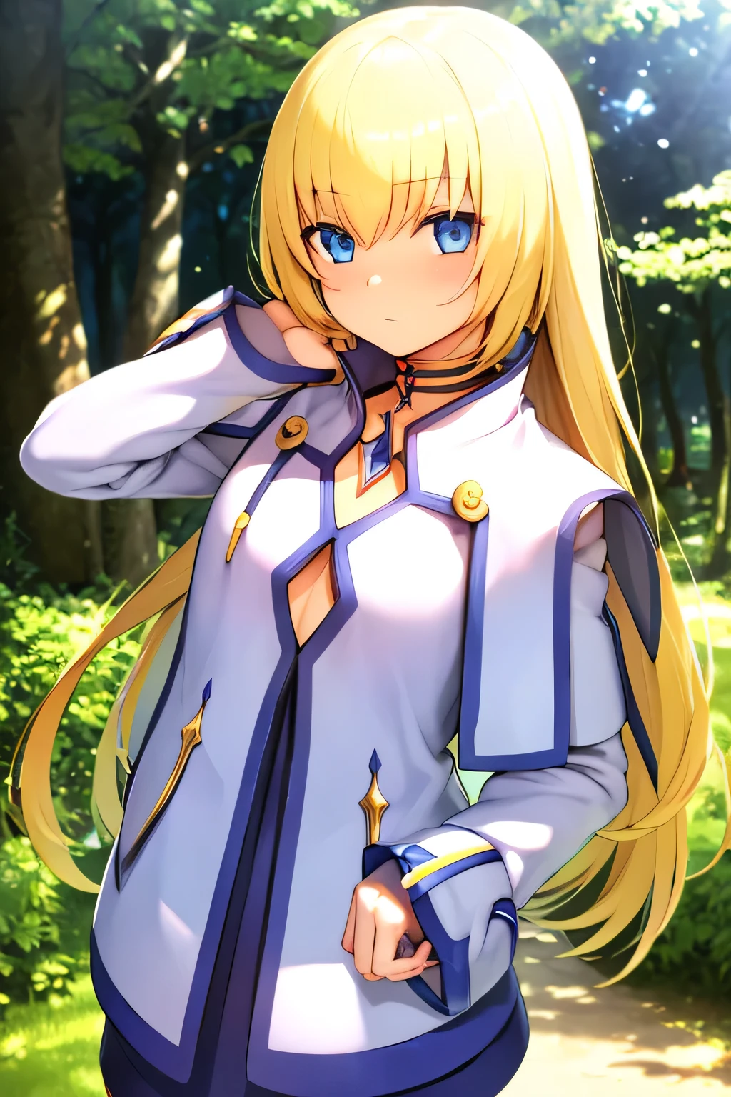  perfect anatomy　 best quality , highest resolution,((Clothes with metallic luster　 shiny blonde hair　blue eyes　 girl)))　TALES OF SYMPHONIA　Collet Brunel 　 girl　forest