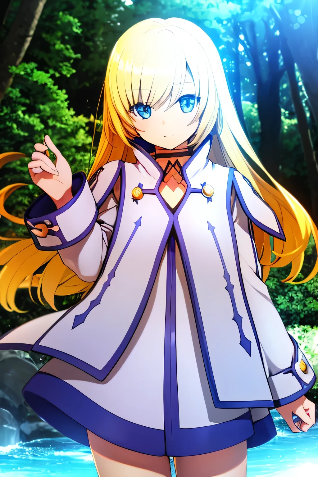 perfect anatomy best quality , highest resolution,((Clothes with metallic luster shiny blonde hair blue eyes girl))) TALES OF SYMPHONIA Collet Brunel girl forest