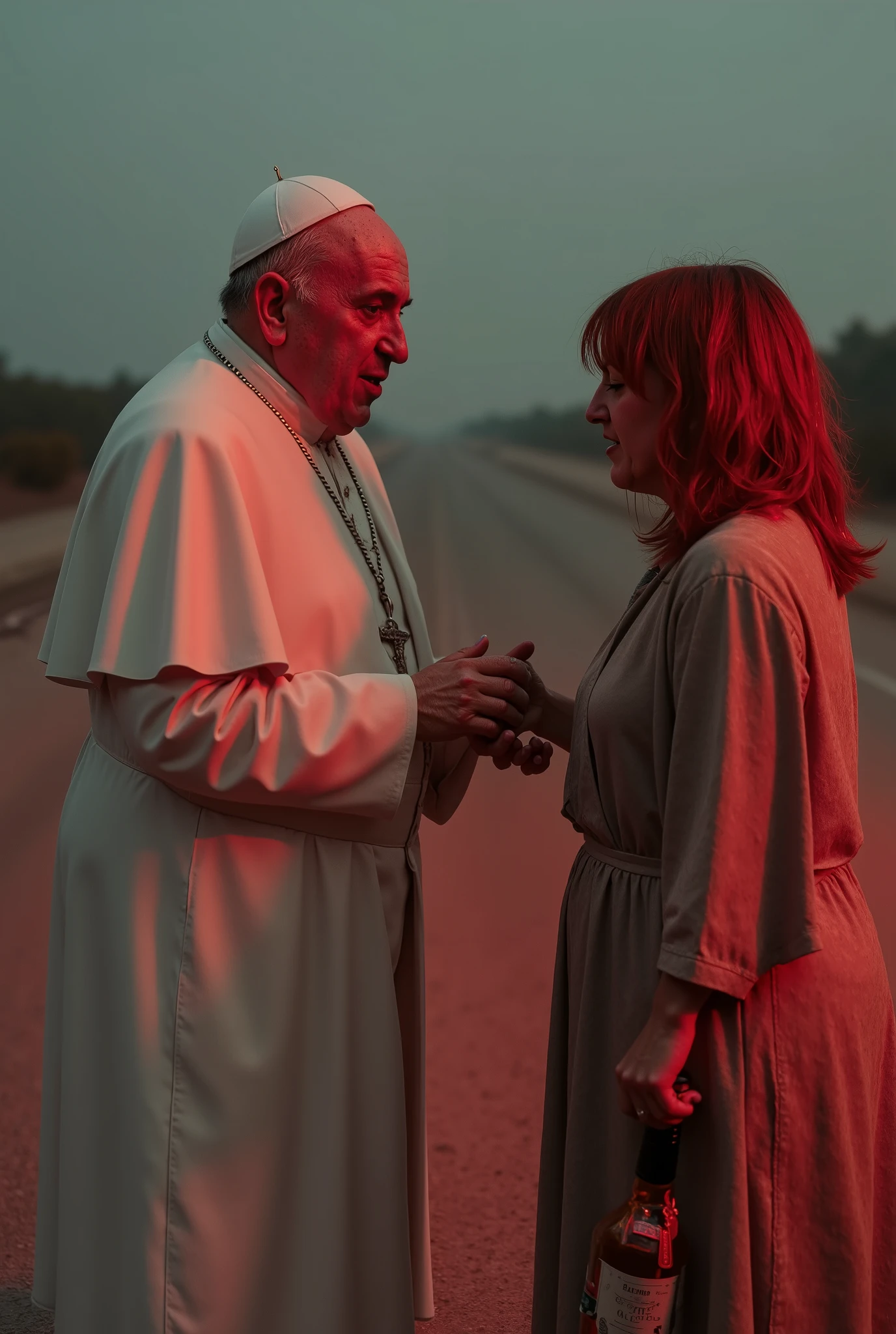 A pope Francis without eyes, paying a woman /(Whore in a road out of the way, reddish hair; dirty, torn and dusty dress) with a bottle of whiskey. dark ambiance (popefluxlora)
