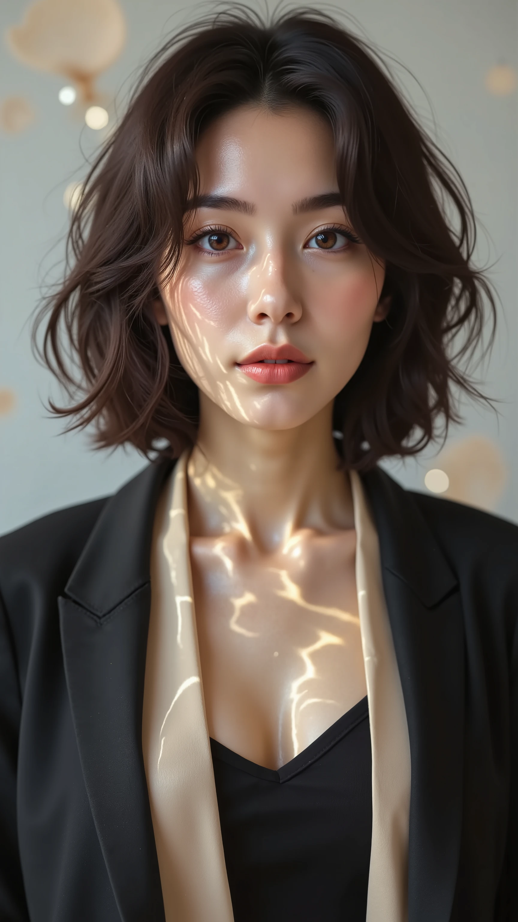 masterpiece, highest quality, Surrealism, Korean middle-aged woman,///  Shoulder-length black hair, slightly wavy bob, white skin, dark eyes, black blazer with beige collar, black crop top pleasant expression, a little smile, focused on women, light soft and even, makeup feels subtle and natural, ophisticated and confident