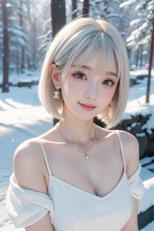 () ,girl、(Bunny ears headband)。(Random Nudes)，Exhibitionism，((Random exposure of genitals))。　Beautiful areola。Small breasts. Thin Hair。(On top of a snowy mountain). Detailed and complex background。((Bright platinum white hair))。(Round face). ((Short Bob Hair)). 可愛いsmile. Idol&#39;s face. Smooth Hair. Thin Hair. White skin. Full body photo. fun,smile. (upright posture). Takagi-san