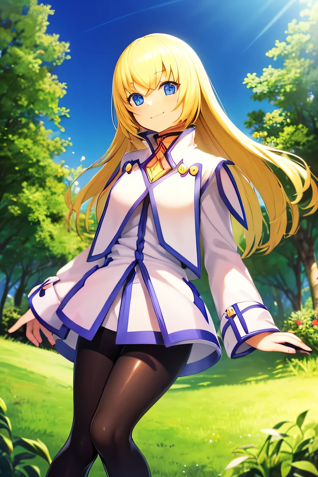  perfect anatomy　 best quality , highest resolution,((Clothes with metallic luster　 Shiny Black Tights 　 shiny blonde hair　blue eyes　 girl)))　TALES OF SYMPHONIA　Collet Brunel 　smile　forest