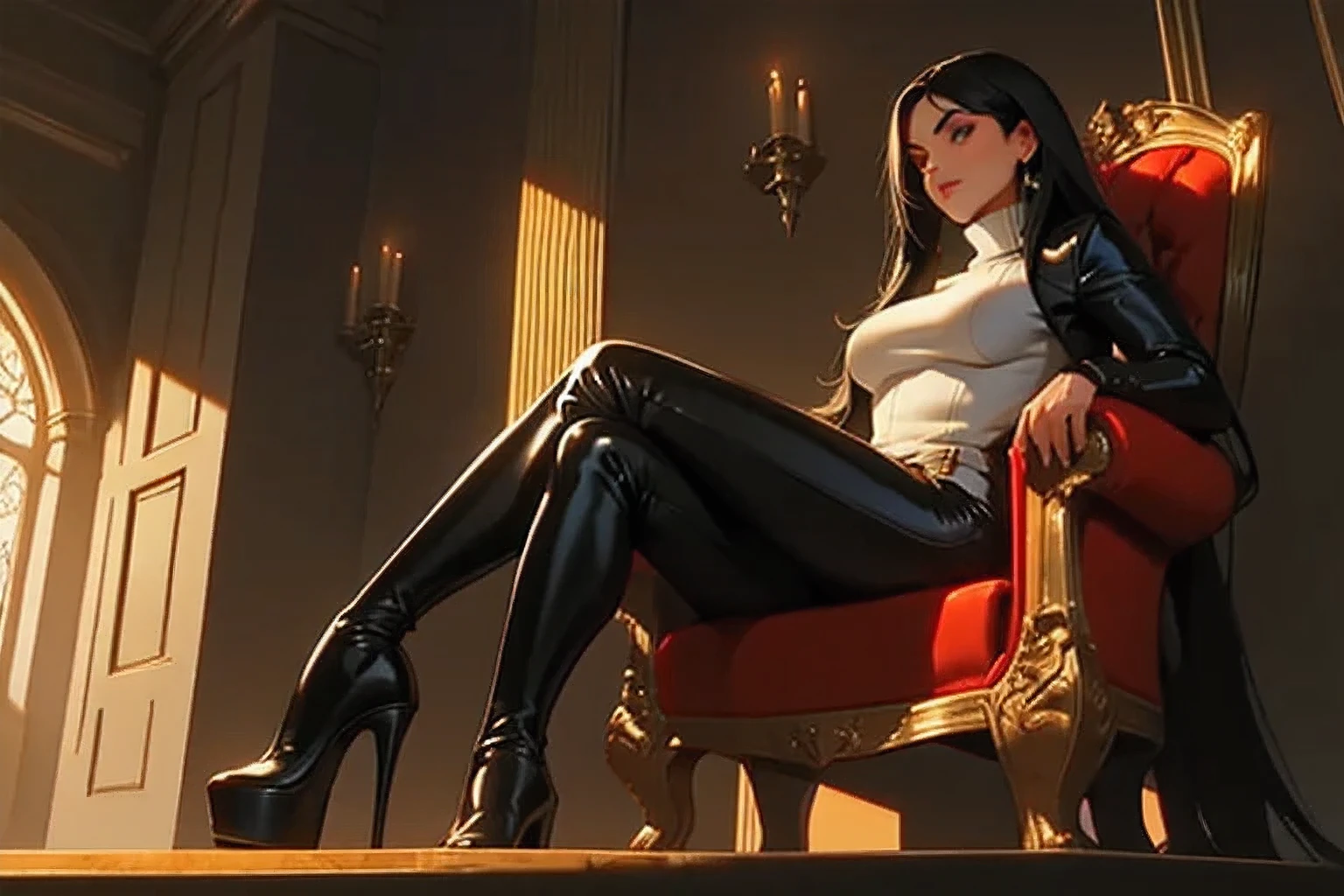 girl in tight latex form fitting curvy suit, wearing white turtle neck sweater over the top, long black straight hair, black makeup, dominating presence, smug dominating expression, sitting in a throne, tall platform black heels.