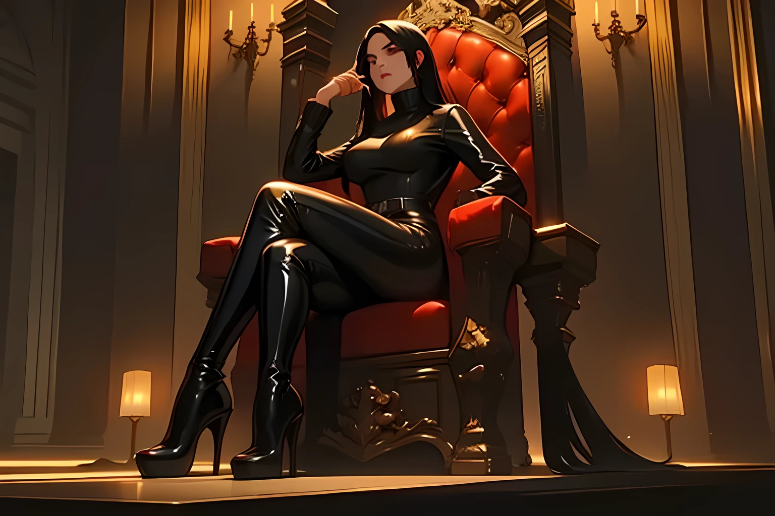 girl in tight latex form fitting curvy suit, wearing white turtle neck sweater over the top, long black straight hair, black makeup, dominating presence, smug dominating expression, sitting in a throne, tall platform black heels.