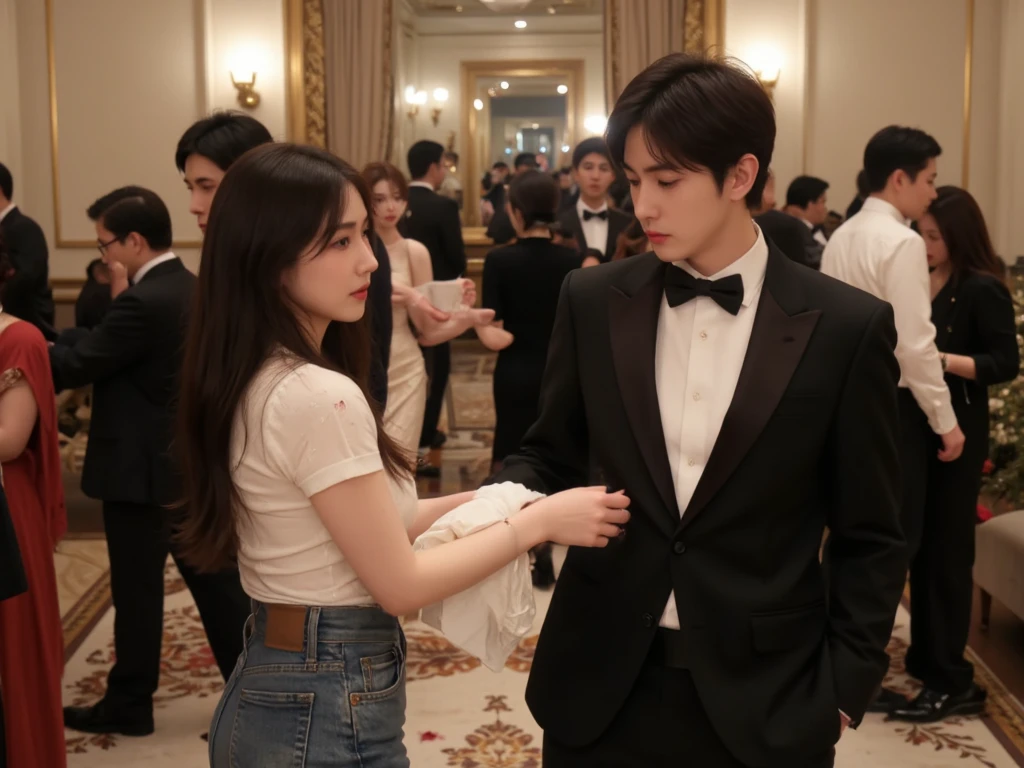 jeon jungkook e kim jennie idols juntos, standing, he holding her waist and she wearing an elegant shiny dress,e ele de terno elegante,at a party and she is holding a wine