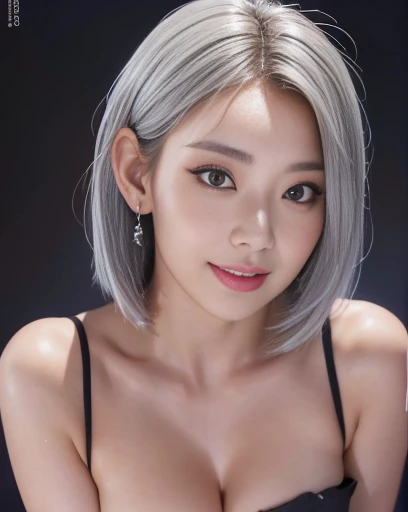 (An 18-year-old Japanese black gal who is just the right type to build a friendship with), (Cleavage:1.5), (Black Theme:1.4), (Casual clothing:1.4), (Blue Diamond Earrings:1.2), RAW Photos, Realistic:1.6, quality:1.5, 8K, masterpiece:1.3, Ultra-high resolution:1.0, Sharp focus:1.2, (Big Breasts:1.5), Beautiful woman with perfect figure, Highly detailed face and skin texture, Fine grain, double eyelid, (kuro-gyaru makeup:1.2), Perfect facial balance, (smile:1.2), ((Silver short hair:1.2)), Beautiful studio soft light, Rim Light, Vivid details, Ultra-realistic, Octane Rendering, Beautiful skin in every detail, Realistic Skin, (View your viewers), (Simple black background)
