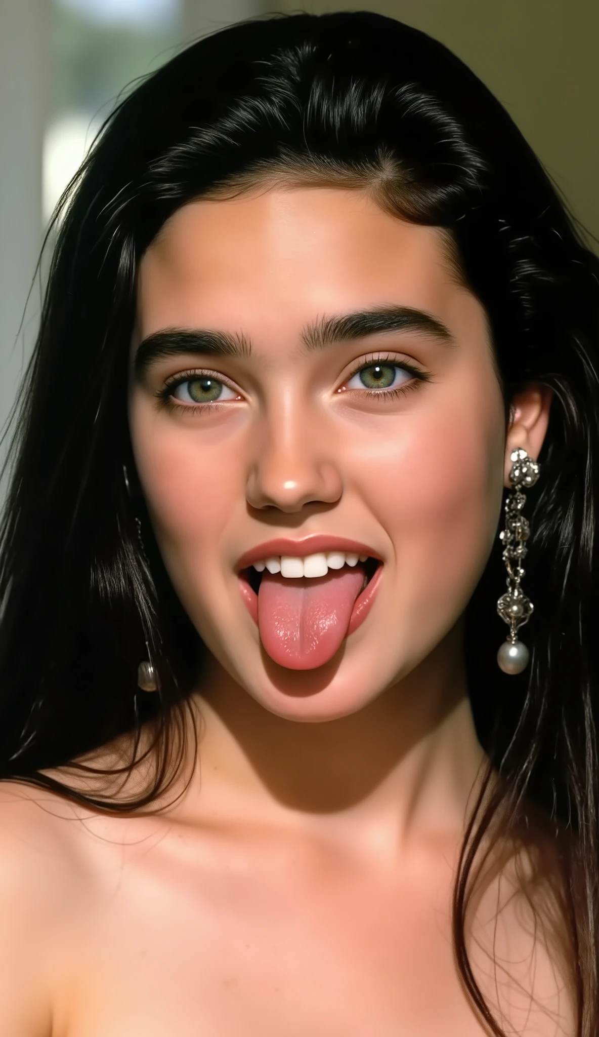 (very realistic photography),(masterpiece, best quality:1.3), 1girl, (alone), front view, her beautiful face,
((young Jennifer Connelly)),(at ),
she might be naked.,
with cute face with adorably plump cheeks,
scooped nose arched high with a turned-up tip,
no make up,
she has fair skin.,
with precocious female body with precociously large blreasts and broad wide shoulders,
Jennifer Connelly's unique and beautiful face is recreated.,
a bit wet shiny long dark hair fluttering,
She opens her mouth wide as sticking out her long tongue.,
she is licking a soft cream.,
Intense light illuminating on her beautiful face.,
she is in a sunny room.,