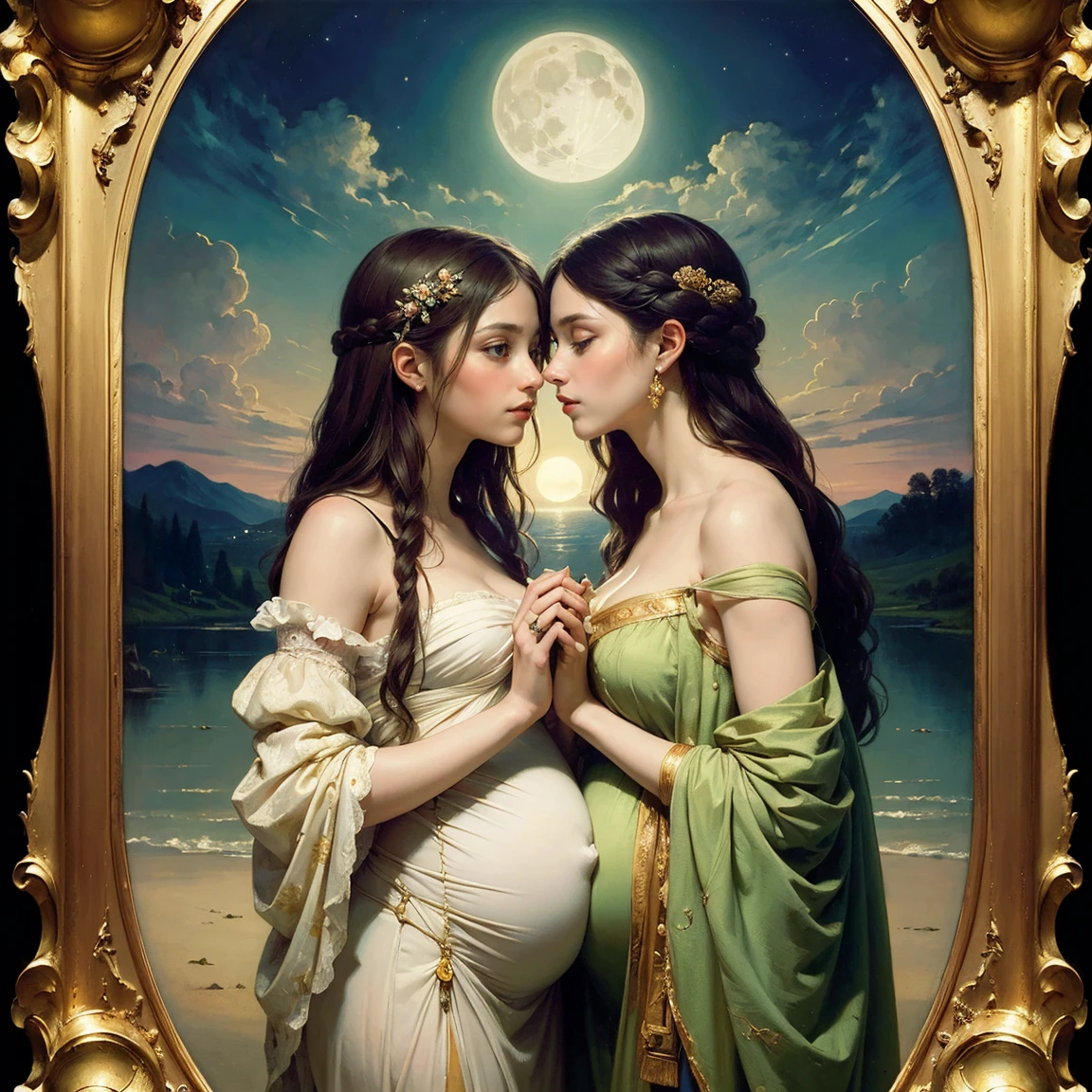 (masterpiece, highest quality, official art, beauty and aesthetic:1.5), oil painting by Leonardo da Vinci and Alfons Maria Mucha, perfect ???????, two gorgeous and stunning pale-skinned young pregnant goddesses is deeply in love with each other, kiss, fantastic make-up, jewelry, romantic atmosphere, flower and moon, magnificent panorama view