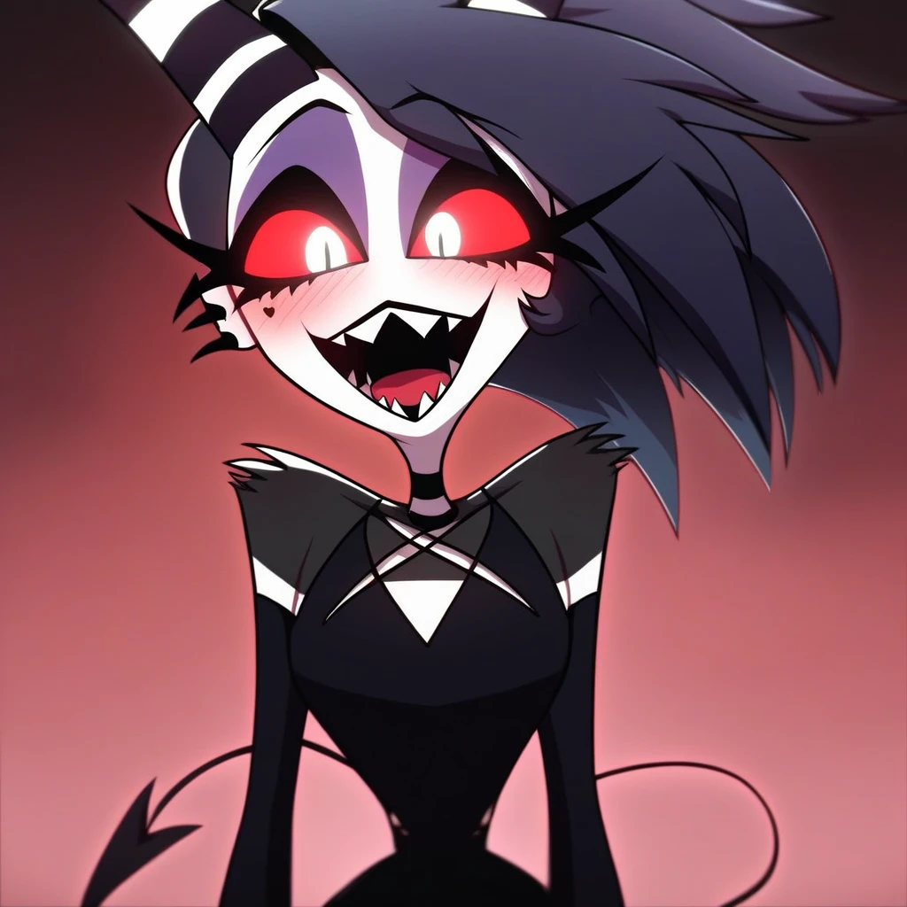 best quality, First work 1.2), 1 girl, Alone, the second, cally3d, punk girl , Club, (black body), (Dear ink ), Horns, Horns pretos, sharp teeth, devil's tail, ( written on the blouse that says "Dear"), roupa de cowgirl, blush, woman, black eyes, (black sclera), white face, sexy, detailed, extreme details, perfect lighting , 4K, Open mouth, black body tinta, arms down, surreal elements , intricate details , intricate details , (woman madura), high, thin waist, neckline, collar (Helluva Boss)