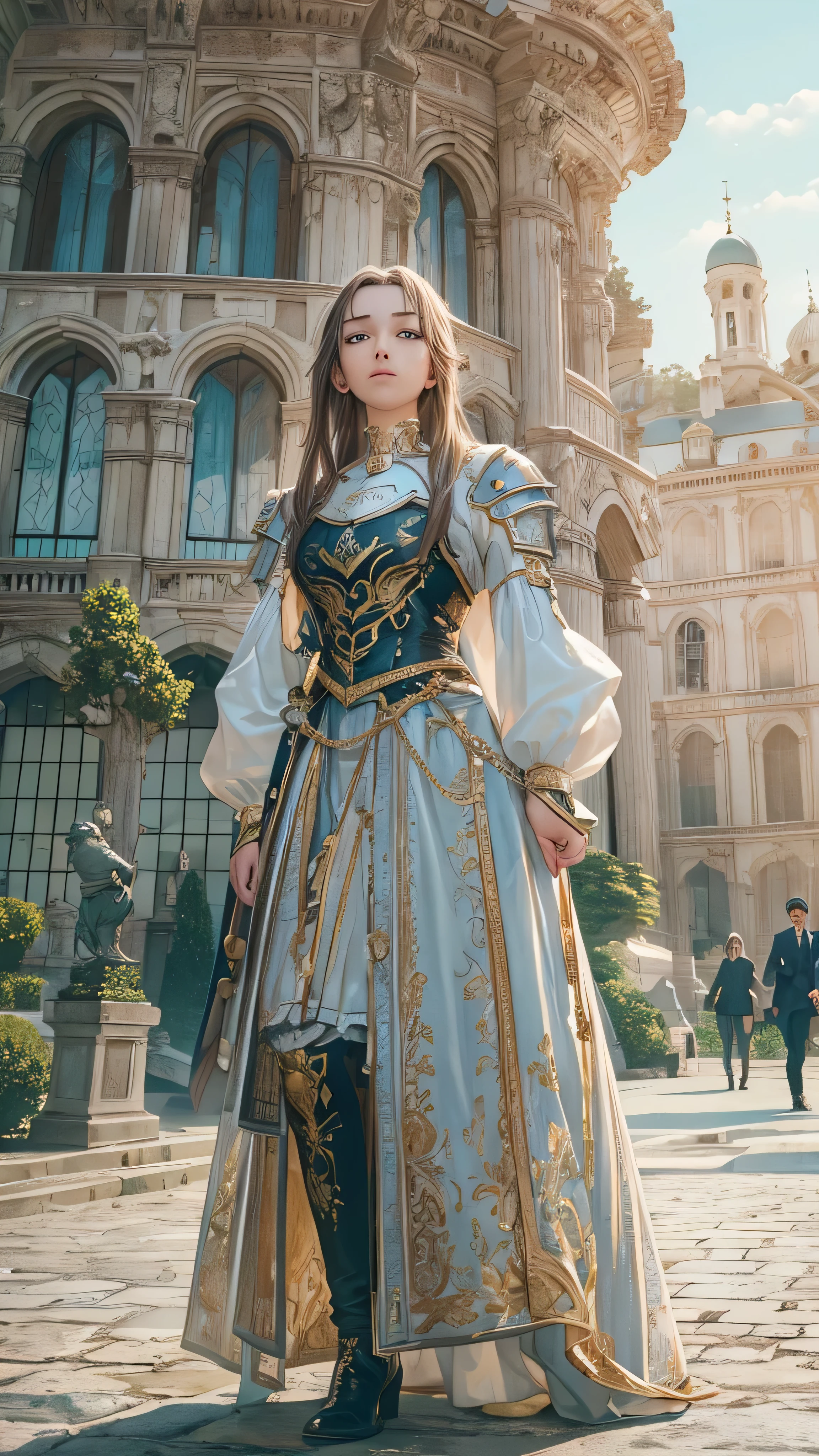 Arafed woman in a blue and gold dress standing in front of a building ...