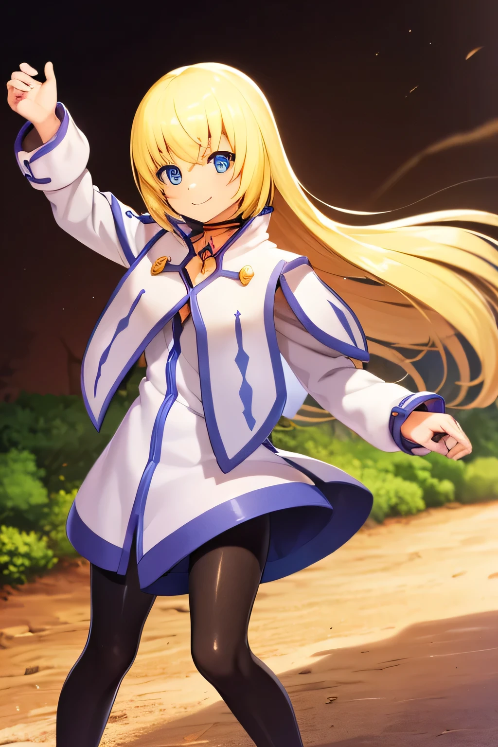 perfect anatomy best quality , highest resolution,((Clothes with metallic luster Shiny Black Tights shiny blonde hair blue eyes girl))) TALES OF SYMPHONIA Collet Brunel smile forest