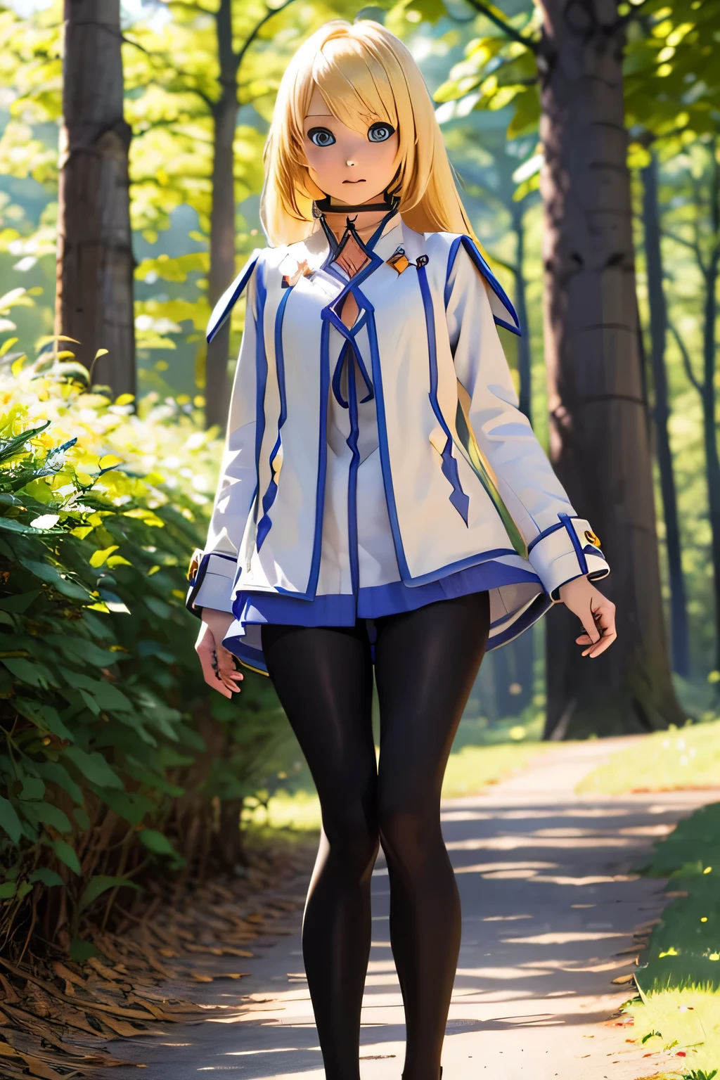 perfect anatomy best quality , highest resolution,((Clothes with metallic luster Shiny Black Tights shiny blonde hair blue eyes girl))) TALES OF SYMPHONIA Collet Brunel forest