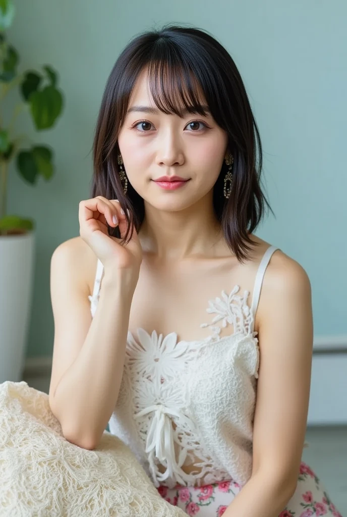 (wedding bun short hair:1.2), (white wedding dress, intricate dress, ball gown, bride, curtains, depth of field, dress, flower, hair flower, hair ornament, see-through, white flower, white rose:1.1), (face full of joy:1.3), one girl, , 8k, RAW photo, best quality, masterpiece, realistic, photo-realistic, clear, professional lighting, BREAK, no makeup face, smile, BREAK, (short cut hair, small breasts:1.2), (looking back:1.2), (black eyes, black hair:1.2), full body shot
