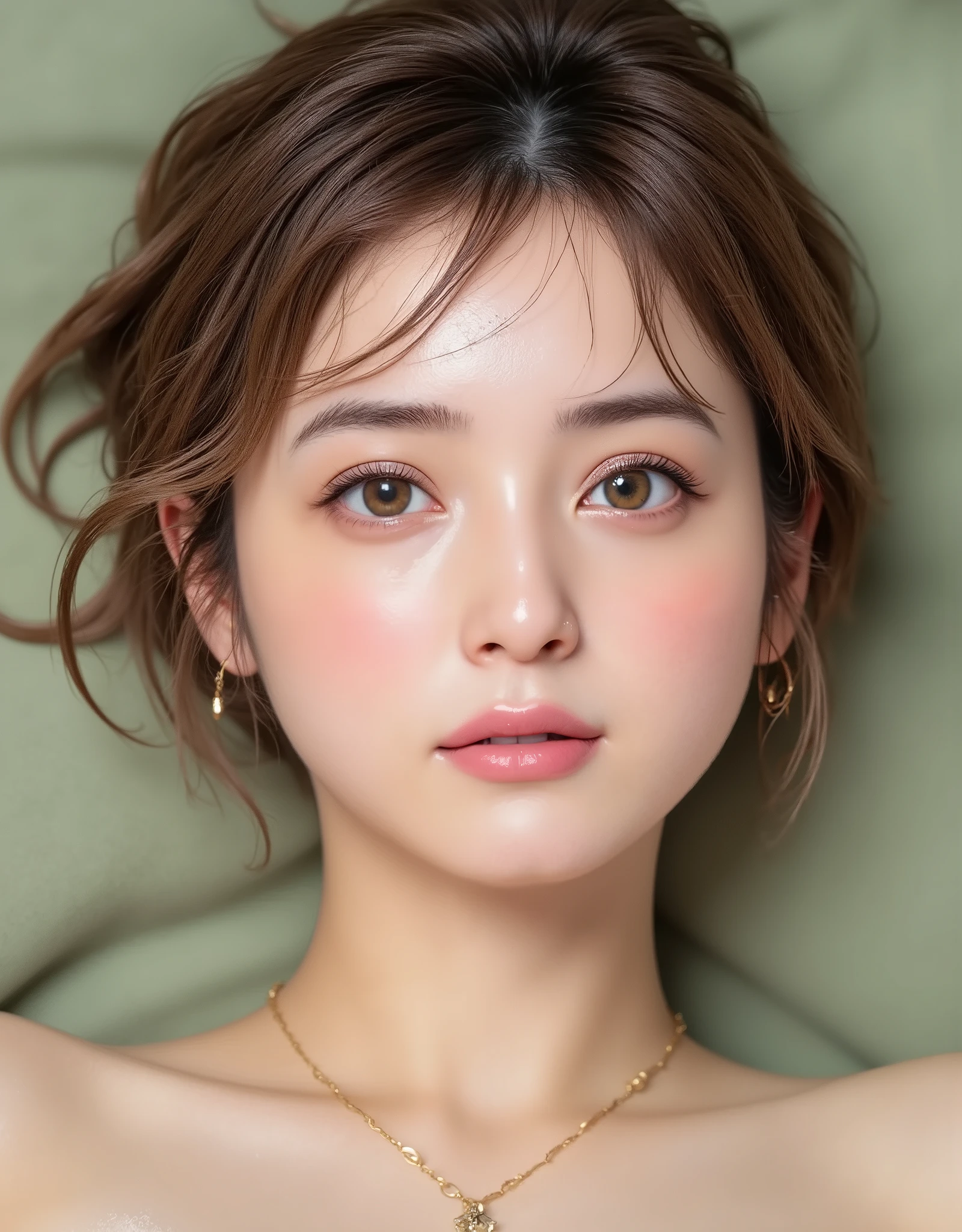 NSFW, (Highest quality), (Ultra-precise CG 16K wallpaper), (Realistic: 1.6), (High saturation), (Sharp), Beautiful detailed shading, Beautiful natural lighting, Beautiful detailed glow, Bright sunlight in the daytime, Natural light, Depth of field, (Mature 24 year old woman, One person: 1.6), (Very beautiful Japanese face), (Sasaki Nozomi), (Soft wavy semi-long hair, bangs reaching above the eyebrows: 1.6), (Shiny brown hair), (Sparkling eyes), (C cup size breasts, cleavage: 1.6), (Beautiful breasts), (Beautiful legs), (Beautiful skin), (Not a belly button: 1.6), Beautiful proportions, (Half-open mouth, Crying face: 1.8), (looking at me:1.6), (naked with a moss green blanket:1.6), (wearing a necklace), (lying on her back on a bed:1.6), (bed and cushion, Womanizer), (full screen image:1.6), (image showing head to thighs:1.8), (bird's-eye view of a woman:1.6), (a woman lying on her back on a bed in a bedroom:1.8), (a red Womanizer is placed on the bed:1.6), (white mucus is splattered on the woman's face:1.8),