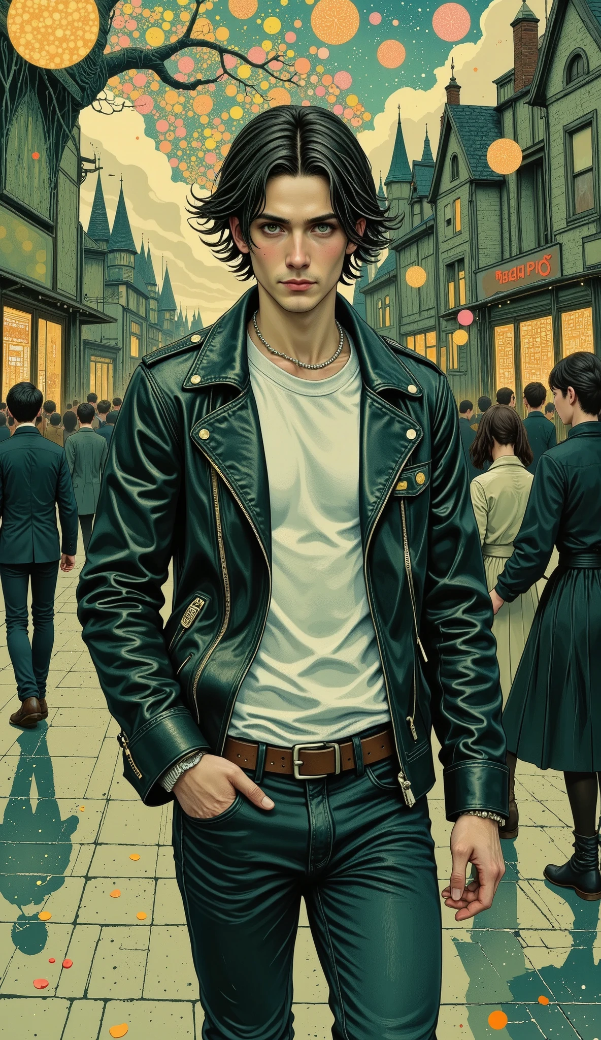 " flat large general full body ,  Anatomically correct :1.5,   An attractive young man walks through the crowds streets of a big city at dusk     .    radiates confidence and charisma   .,    and his style combines urban chic with a touch of rebellion   . ,      that resembles melted lollipops     ,    They slowly surround the boy     .      Their bodies shine like soap bubbles     .      The boy's face ,  chiseled chin with a light and incipient beard     . deep,      expressive eyes that seem to contain a world Integer of Secrets     . ,      slightly fleshy lips curving into a thin     , mysterious smile.    slightly disheveled dark hair   ,      that fall carelessly on his forehead     .      The boy wears a tight black leather jacket with silver zippers and a slight sheen.      A simple white t-shirt with a V-neck that accentuated his muscular figure     .  , , narrow-cut dark jeans     , slightly worn, , , giving them a worn look     , sharp look.      Black military boots with silver buckles give his look an austere look     .      A silver chain that shines in the twilight complements his overall appearance     .    The boy's accessories Vintage silver wristwatch with leather strap   .      Several silver rings on his fingers give him a special style     . a small,  }    A discreet earring on the left ear gives it a rebellious look     . Toga Himiko
