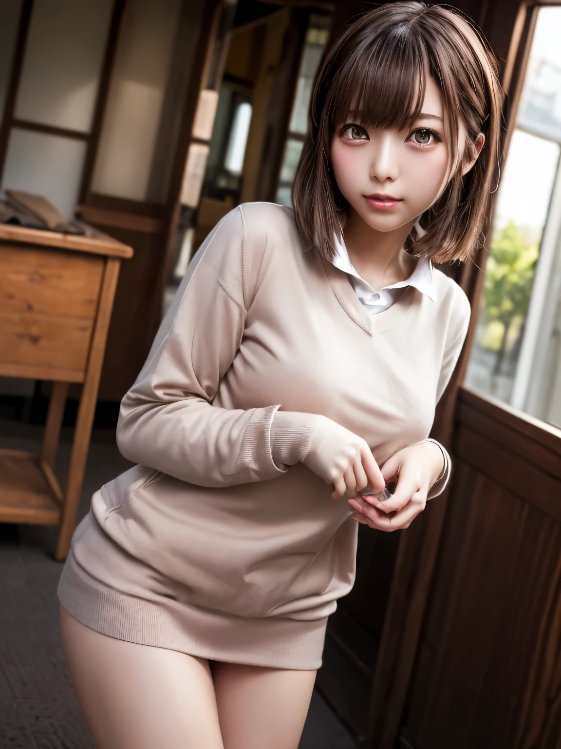 Highest quality, Face focus, Soft Light, Ultra-high resolution, (Realistic:1.4), RAW Photos, 1 Japanese girl, alone, cute, (A shy smile:0.5), (Brown eyes, Eye light), Detailed beautiful face, (Small box),(High resolution detail of human skin texture), (Short Bob Hair), break, In the classroom,Navy uniform, Best, skirt,machine,The afterglow of sex,Leg spread,Flowing semen