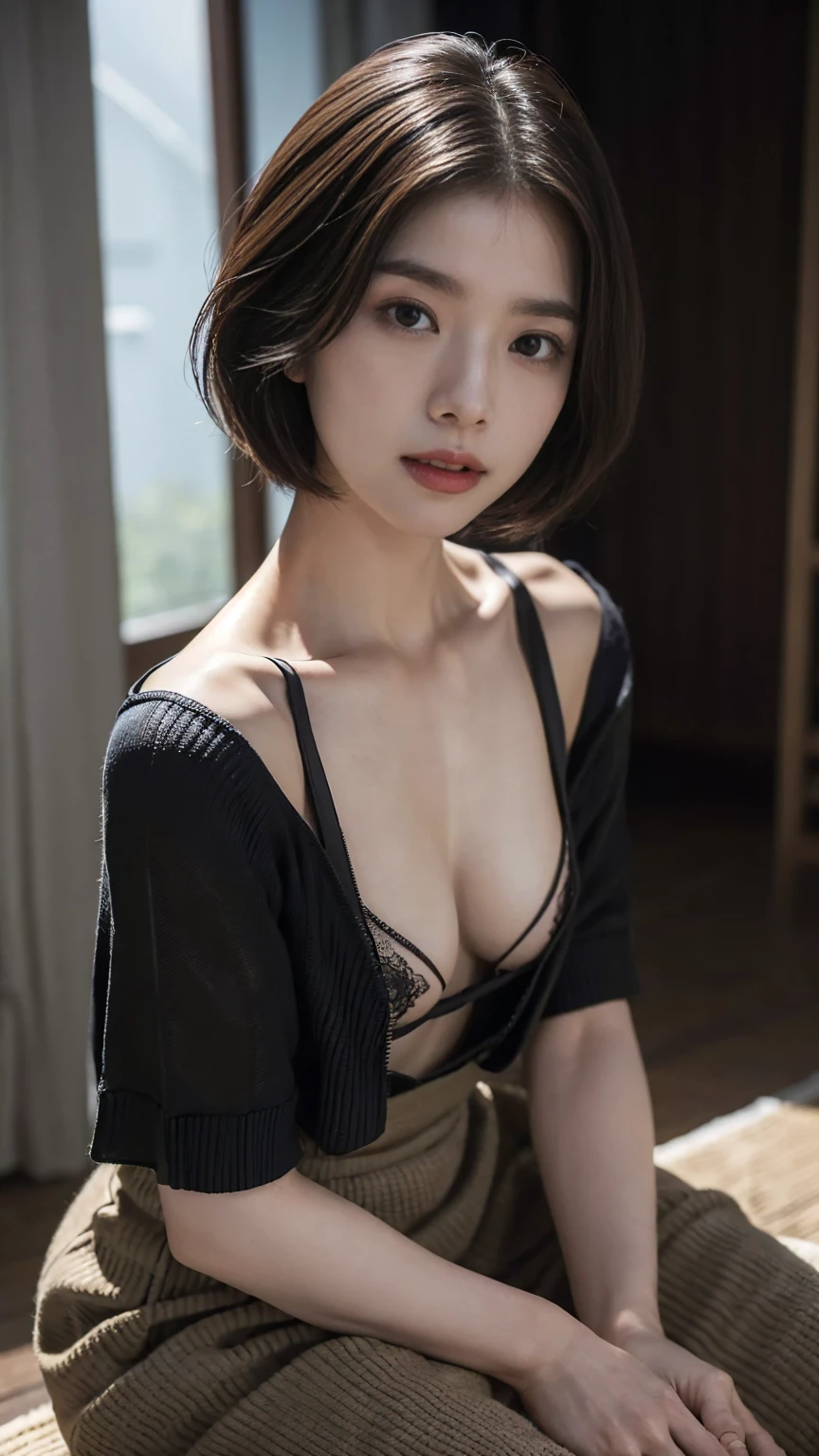 ((top-quality、8K、masterpiece:1.3))、deep in the night、sharp:1.2、Perfect Body Beauty:1.4、Slim abs:1.2、Modern room、quiet time at night、Beautiful woman resting in a sophisticated black and white room、short-haired、Beautiful Japanese actress nightgown、(realisitic、photoRealstic)Wetty:1.5、eye closed、Highly detailed facial and skin texture、A detailed eye、二重まぶた、