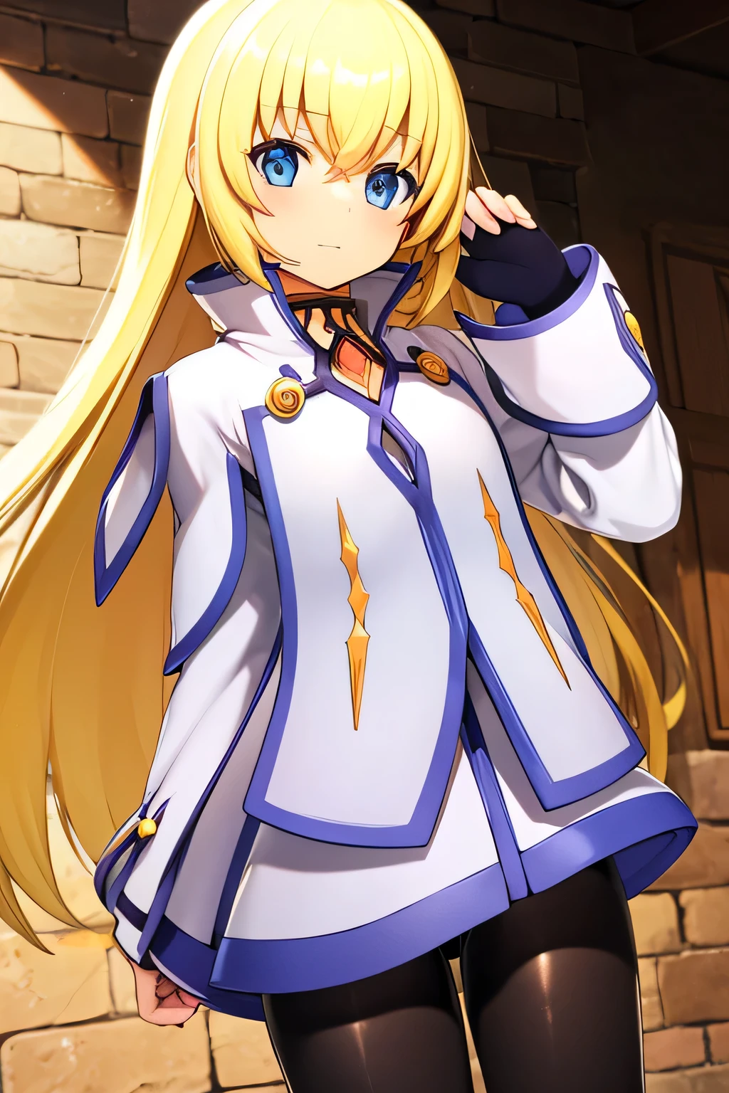 perfect anatomy best quality , highest resolution,((Clothes with metallic luster Shiny Black Tights shiny blonde hair blue eyes girl))) TALES OF SYMPHONIA Collet Brunel Town