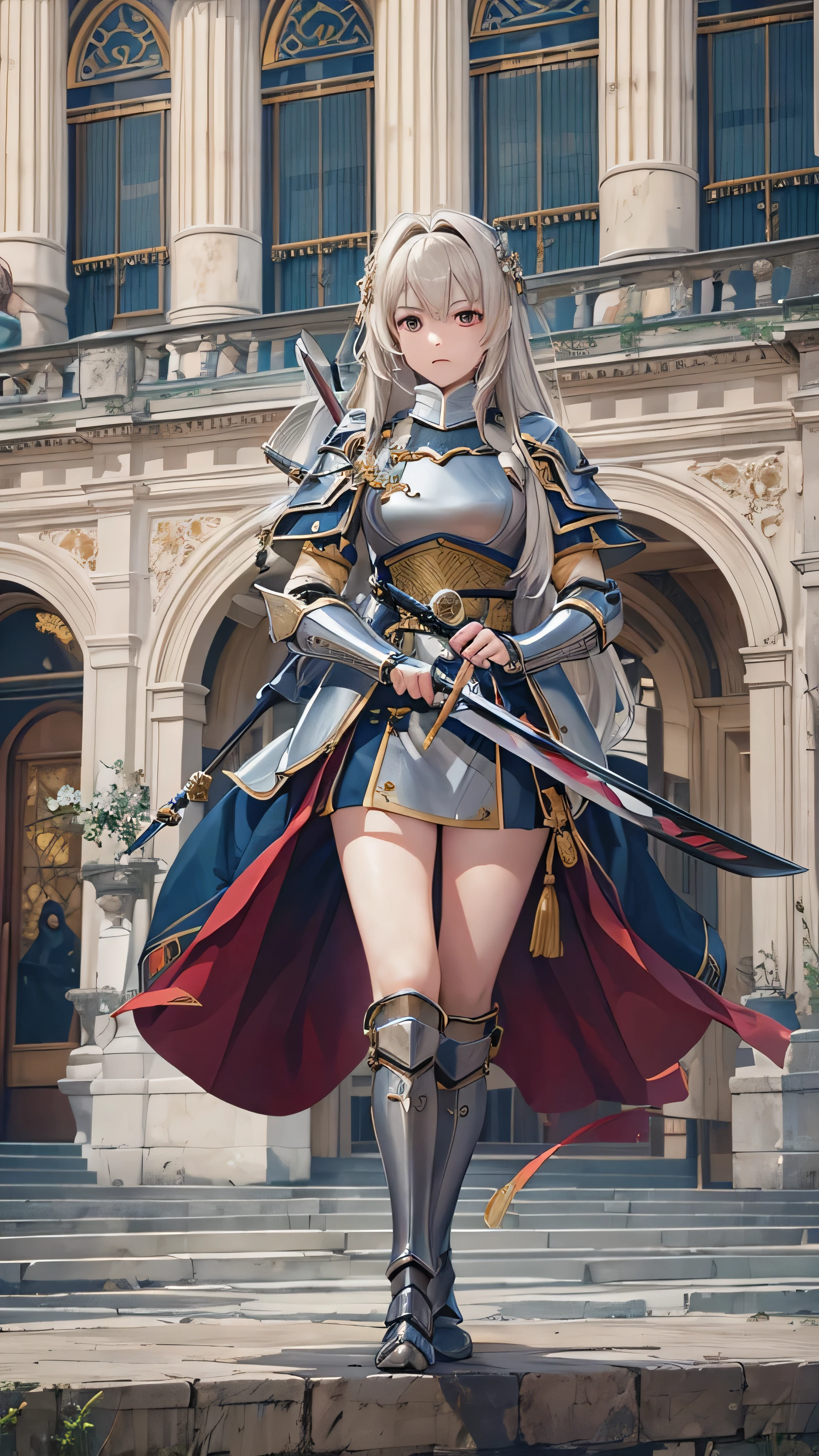 jewelry, bodysuit, fingerless gloves, knight, highleg, skin tight, vambraces, arm guards,faulds,greaves, 1girl,solo, gauntlets, armored boots, breastplate, pauldrons, shoulder armor, big armors, thighhighs, dare thighs, short hair, pink hair, blue eyes, adult, adult face, fearless face, curvy, perfect proportion, perfect anatomy, perfect body, armored dress knight, plate armor knight, silver knight armor,