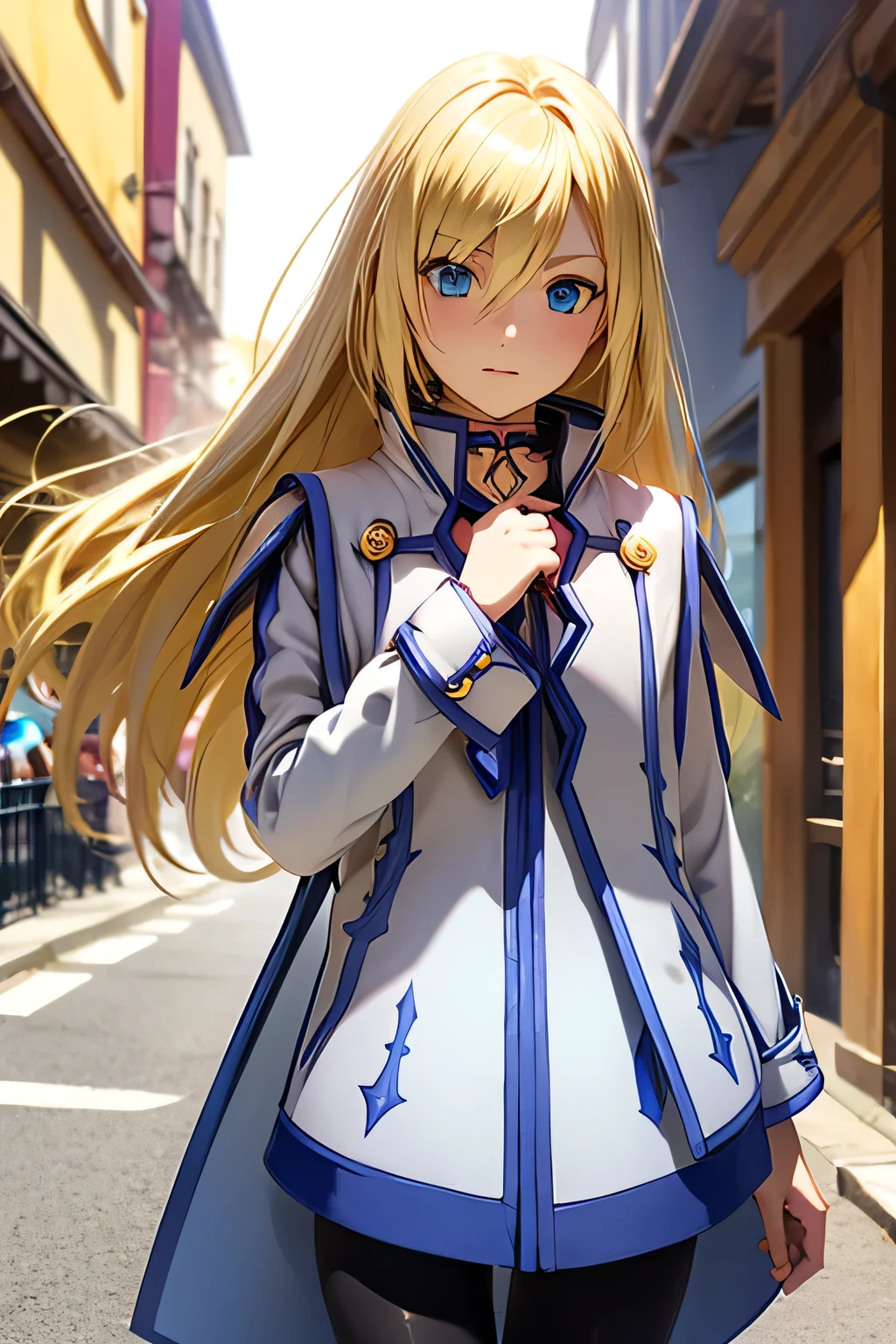 perfect anatomy best quality , highest resolution,((Clothes with metallic luster Shiny Black Tights shiny blonde hair blue eyes girl))) TALES OF SYMPHONIA Collet Brunel Around town
