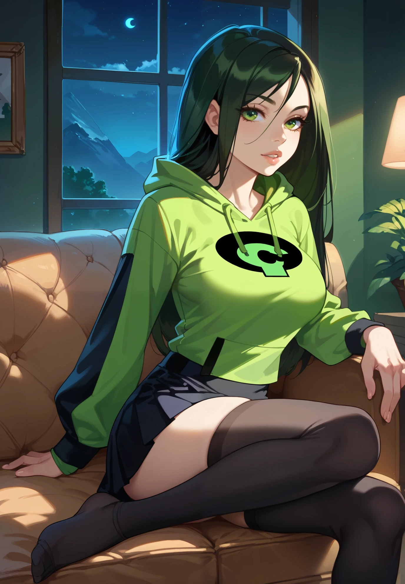 1girl, solo, Shego, Kim Possible, green skin, parted lips, hoodie, skirt, black stockings, detailed body, naturally sagging breasts, sitting on couch, sexy pose, mountain cottage, (night time:1.2), cinematic lighting,
