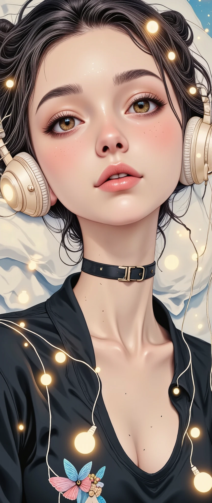" flat large general full body , Anatomically correct :1.5, ((Low Fidelity Anime Digital Illustration Styles :1.5)), lying on her bed listening to music with headphones, books in bed , soft light garland , ambiente agradable y quiet, Soft and beautiful colors , magic, quiet, cozy, Chiaroscuro, cinematic lighting , Fujicolor, U high definition , Retina, masterpiece, Precise, Anatomically correct , make-up, super detail , High Details , high quality, awarded , envelopes , highres, 1080P, high definition , 16K . Toga Himiko