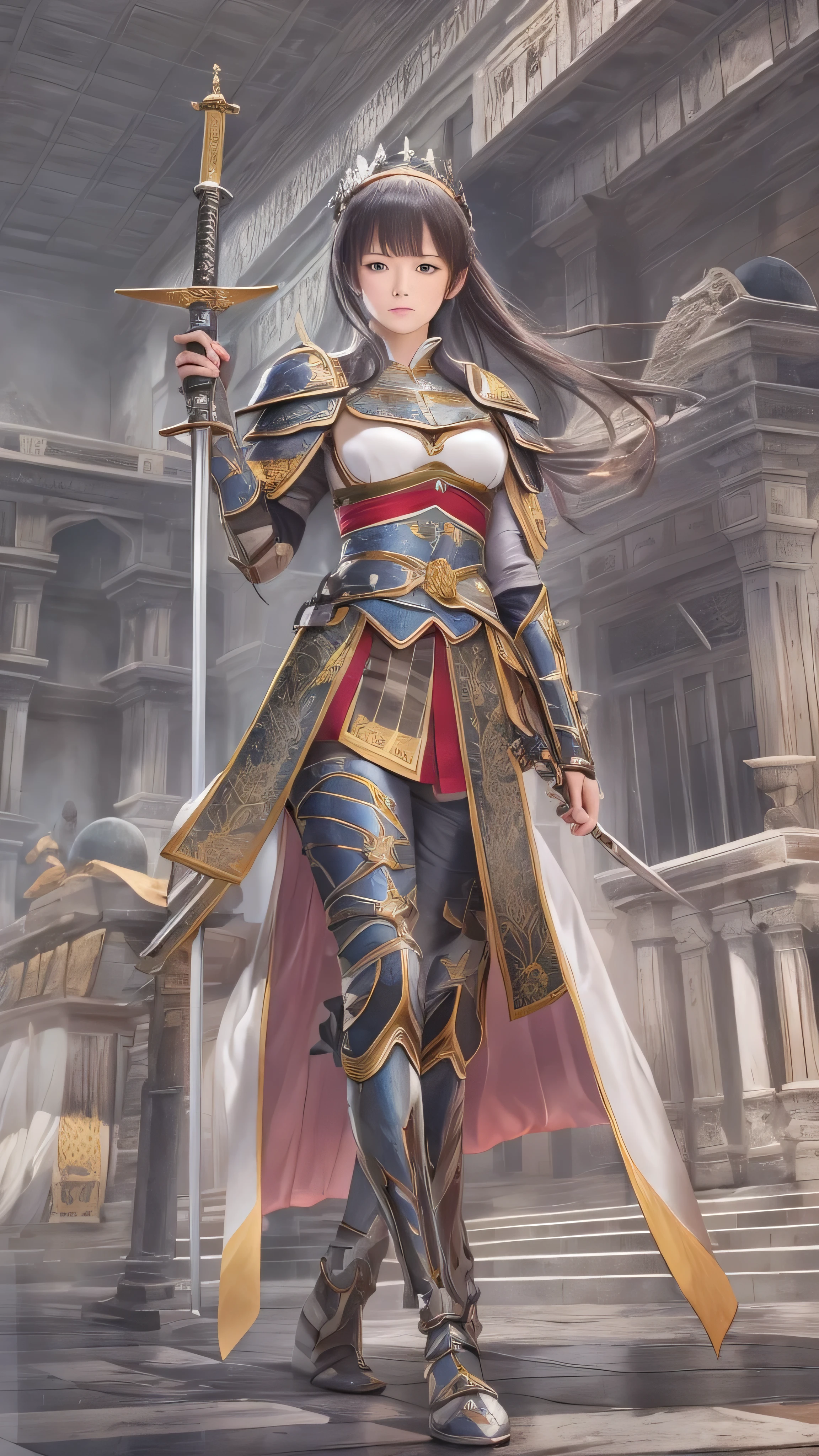 Masterpiece, Top Quality , 8k, Female Swordsman, RAW photo , Award Winning Portraits , alone, knight , Knight's dignified attire, Idol's face, Face Details 、 delicate girl, Full body high definition image, dslr , watch viewers , frank, Sophisticated, inside the medieval Parisian cityscape、 professional lighting , Film Grain ,(Detailed city of Paris ),