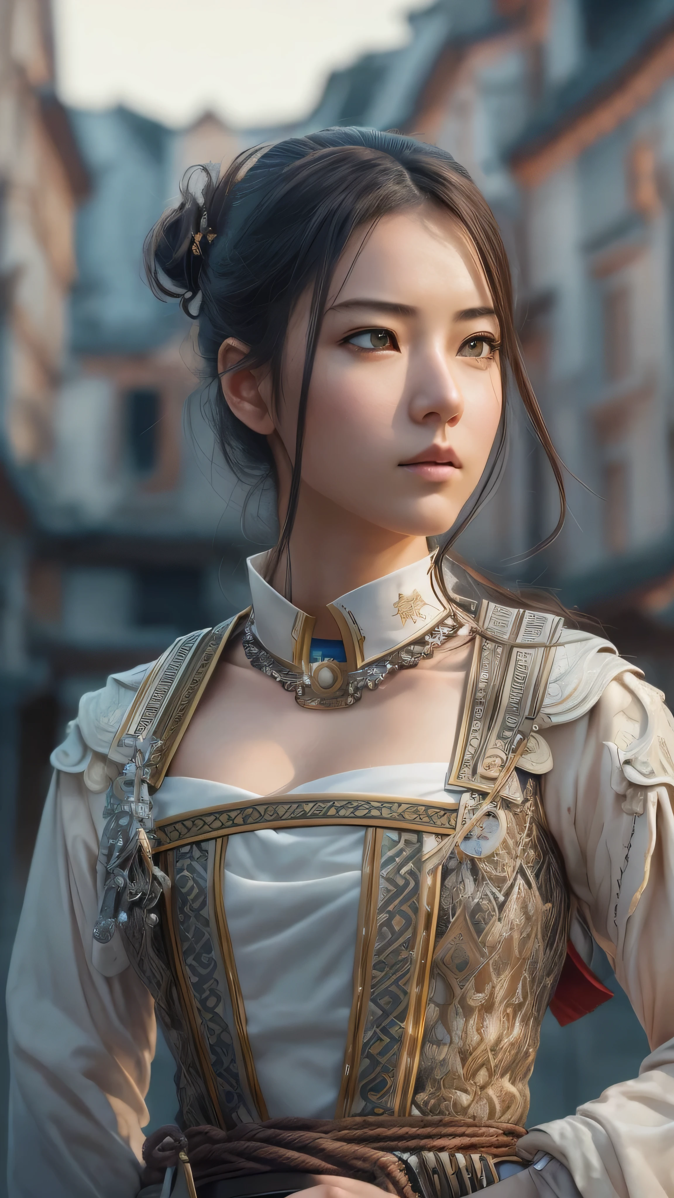 Masterpiece, Top Quality , 8k, Female Swordsman, RAW photo , Award Winning Portraits , alone, knight , Knight's dignified attire, Idol's face, Face Details 、 delicate girl, Full body high definition image, dslr , watch viewers , frank, Sophisticated, inside the medieval Parisian cityscape、 professional lighting , Film Grain ,(Detailed city of Paris ),