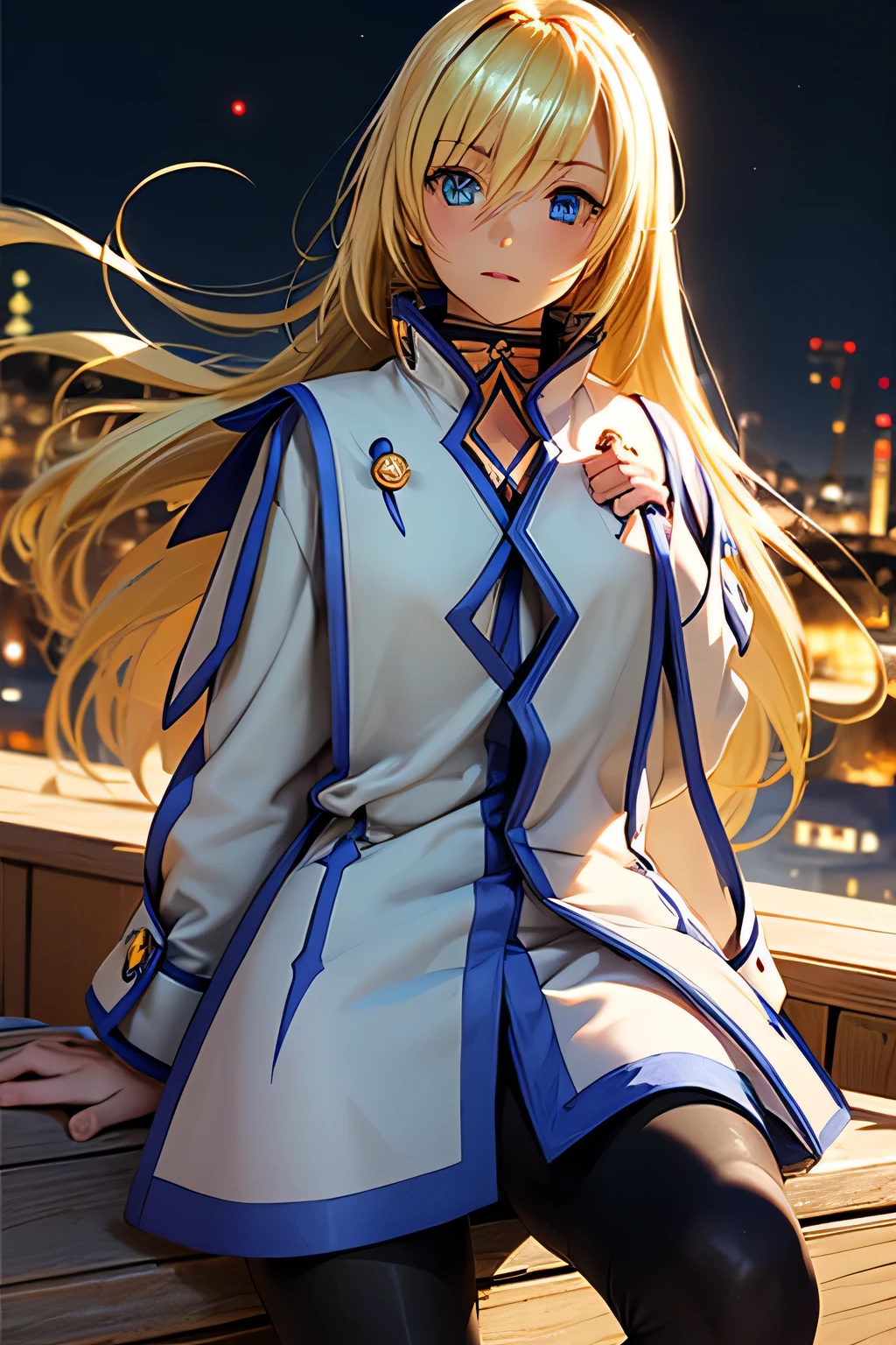 perfect anatomy best quality , highest resolution,((Clothes with metallic luster Shiny Black Tights shiny blonde hair blue eyes girl))) TALES OF SYMPHONIA Collet Brunel Around town