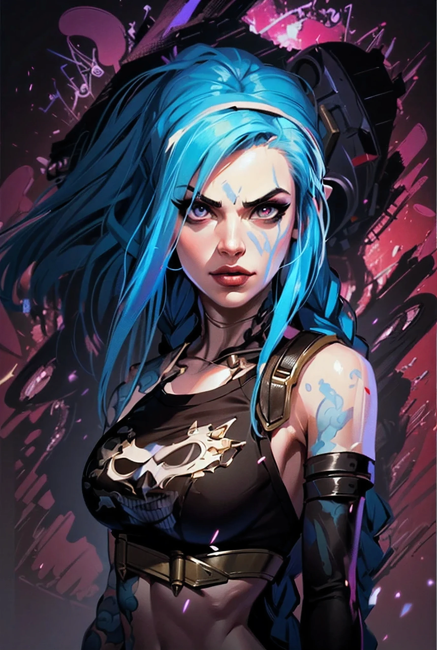 (((((a single woman))))), (((Rockeira))), (((lip piercing))), (((Large flare on lobes))), Roupa cyberpunk na cor preto e branco, Jaqueta de couro, (((Cabelo azul no estilo emo girl))), medium breasts, pulseira com spikes, brass knuckles necklace, (((black background wall with SENTIINEL writing for music album cover)))), ((Torn pants)), ((((tattoos on arms and face))))